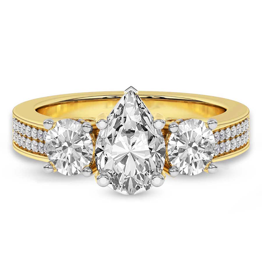 2.59 ct. pear Desdemona Round Three Stone Lab Diamond Ring in 10kt yellow gold front image
