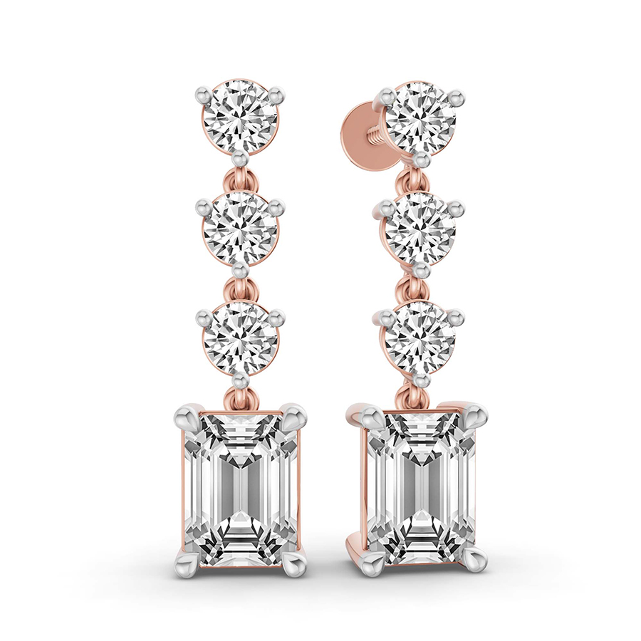 14kt Rose Gold Emerald and Round Fashion Lab Diamond Dangle Earrings (1 Ct. Tw.) left