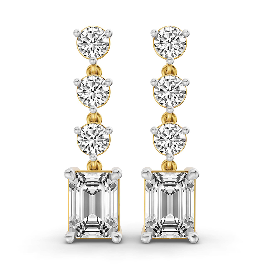 Emerald and Round Fashion Lab Diamond Dangle Earrings front view