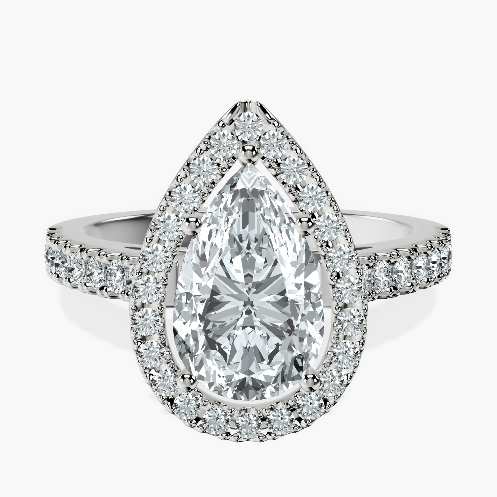 2.59 ct. pear Rising Sun Halo Ring in 10kt white gold rtr top
