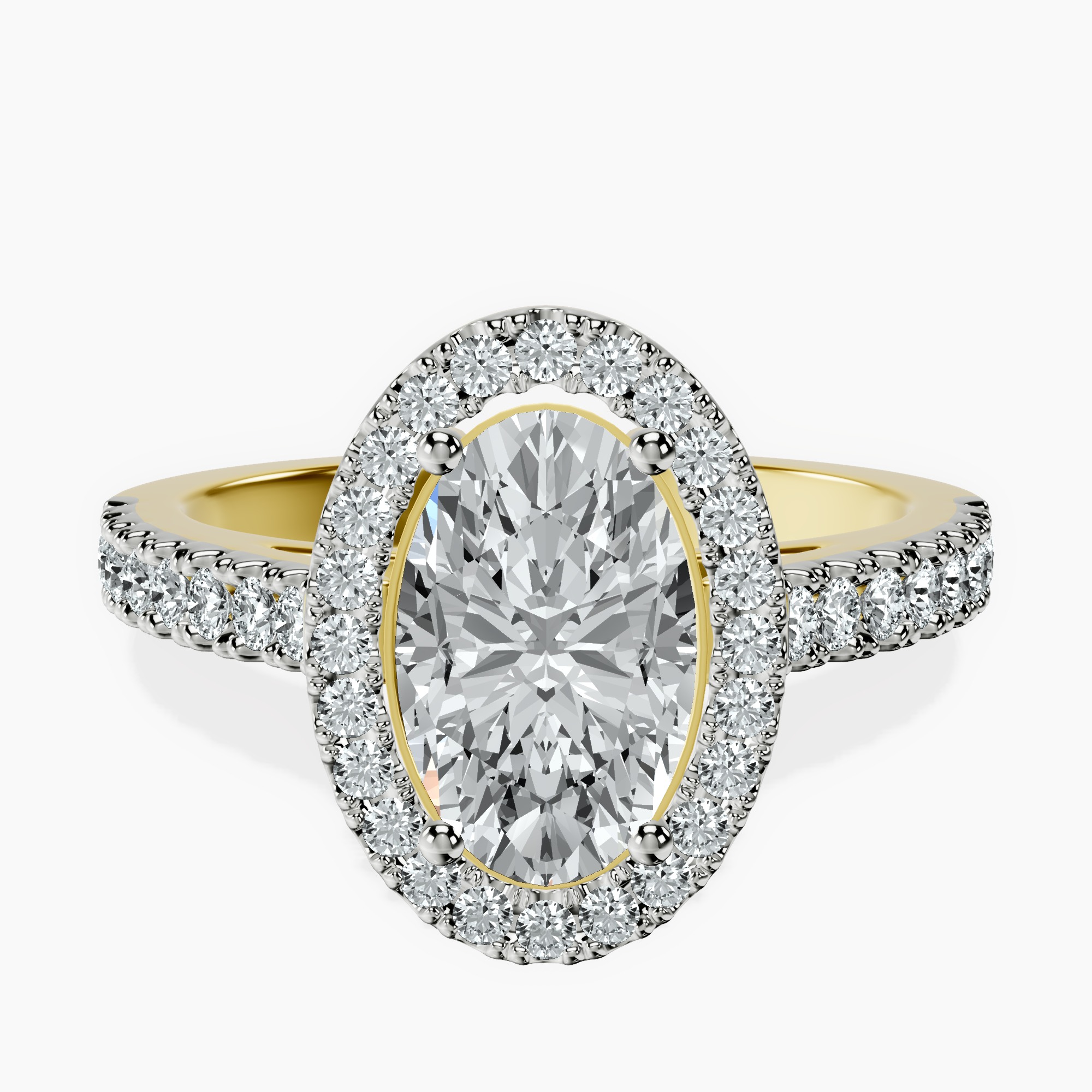 2.40 ct. oval Rising Sun Halo Ring in 18kt yellow gold rtr top