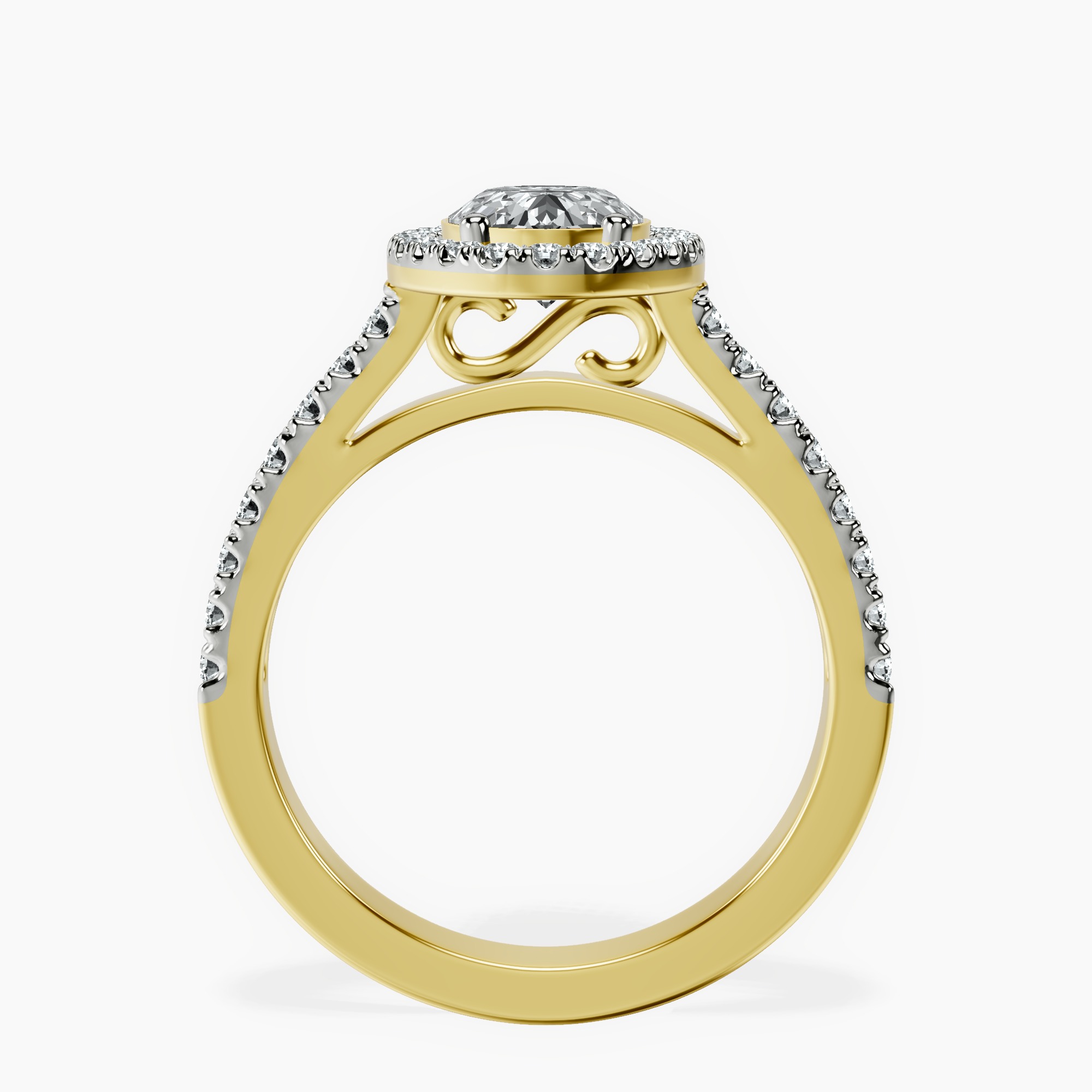 2.40 ct. oval Rising Sun Halo Ring in 18kt yellow gold side right image one