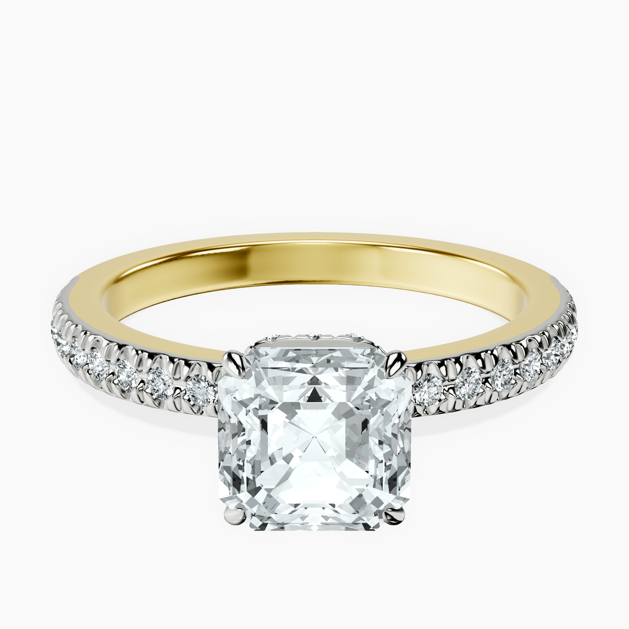 2.99 ct. asscher Jia Halo Eternity Ring in 14kt yellow gold rtr top
