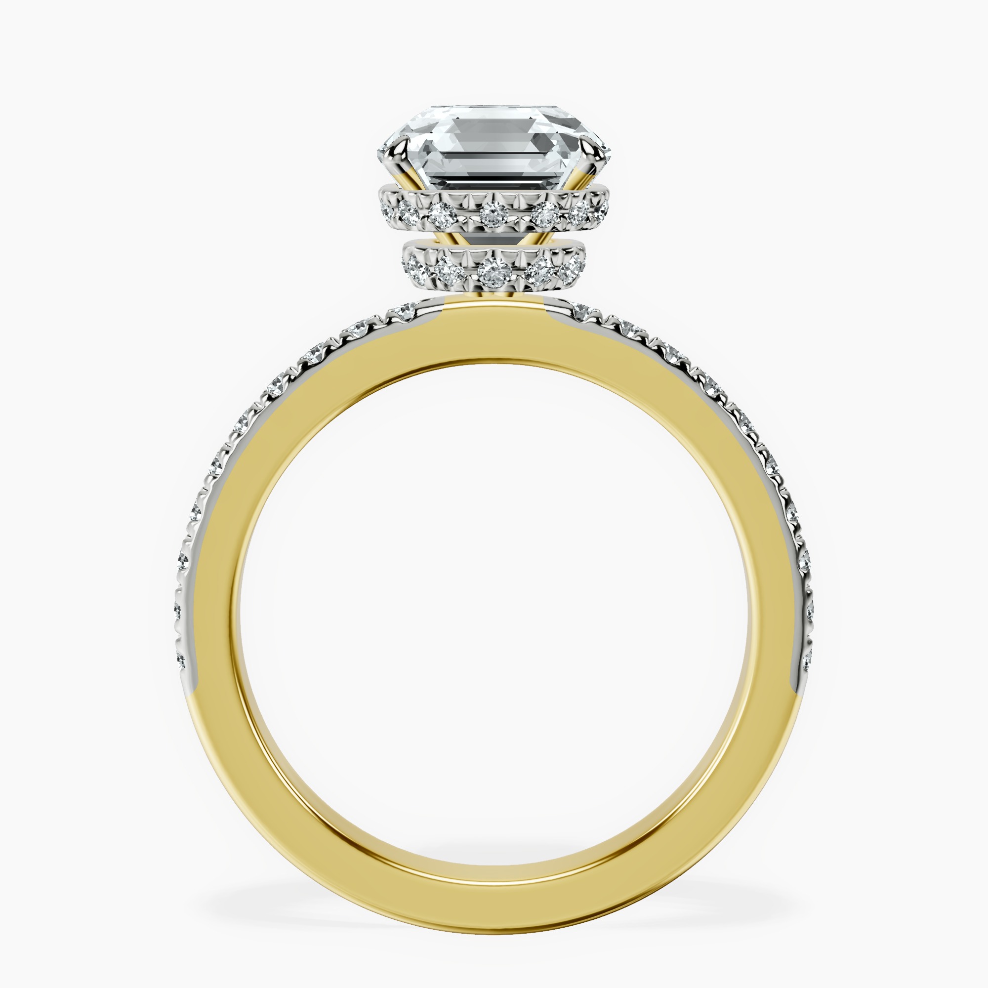 2.99 ct. asscher Jia Halo Eternity Ring in 14kt yellow gold side right image one