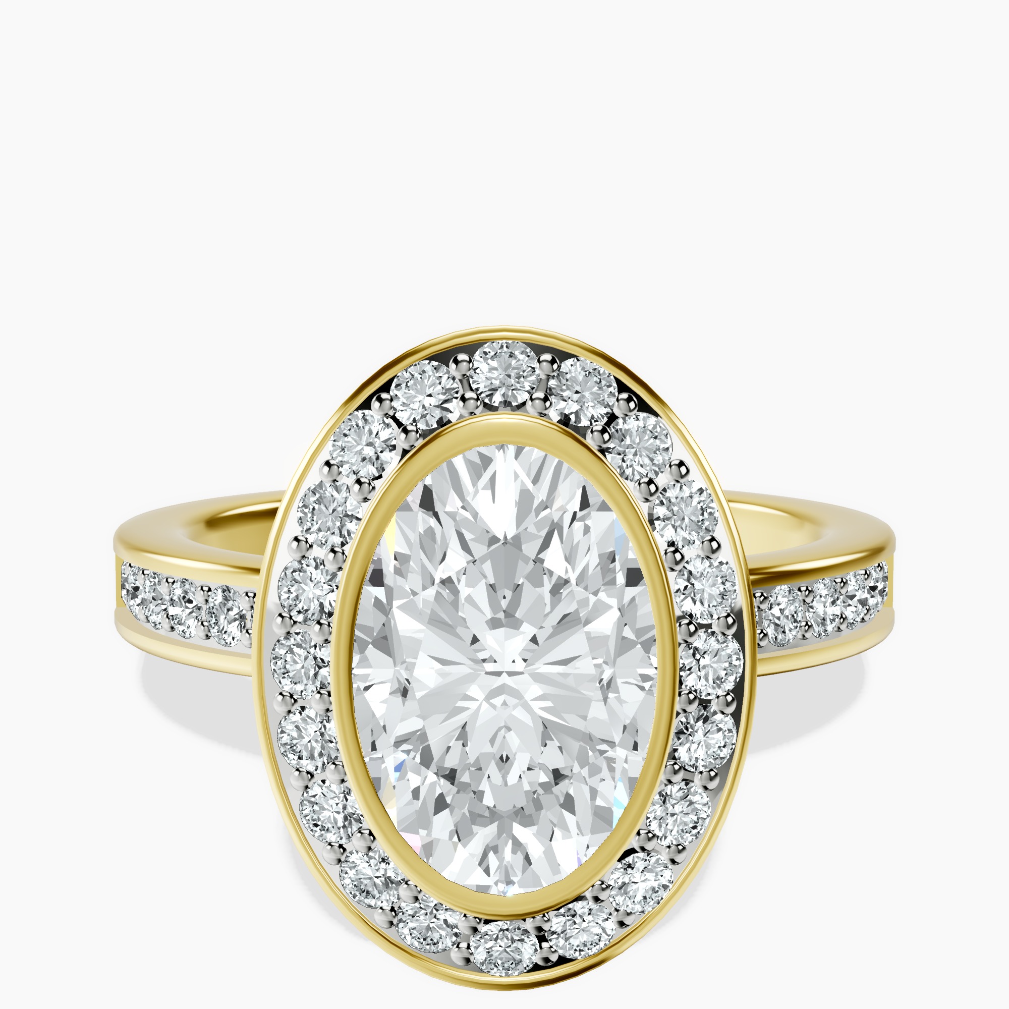 2.40 ct. oval Bell Dome Halo Ring in 18kt yellow gold rtr top