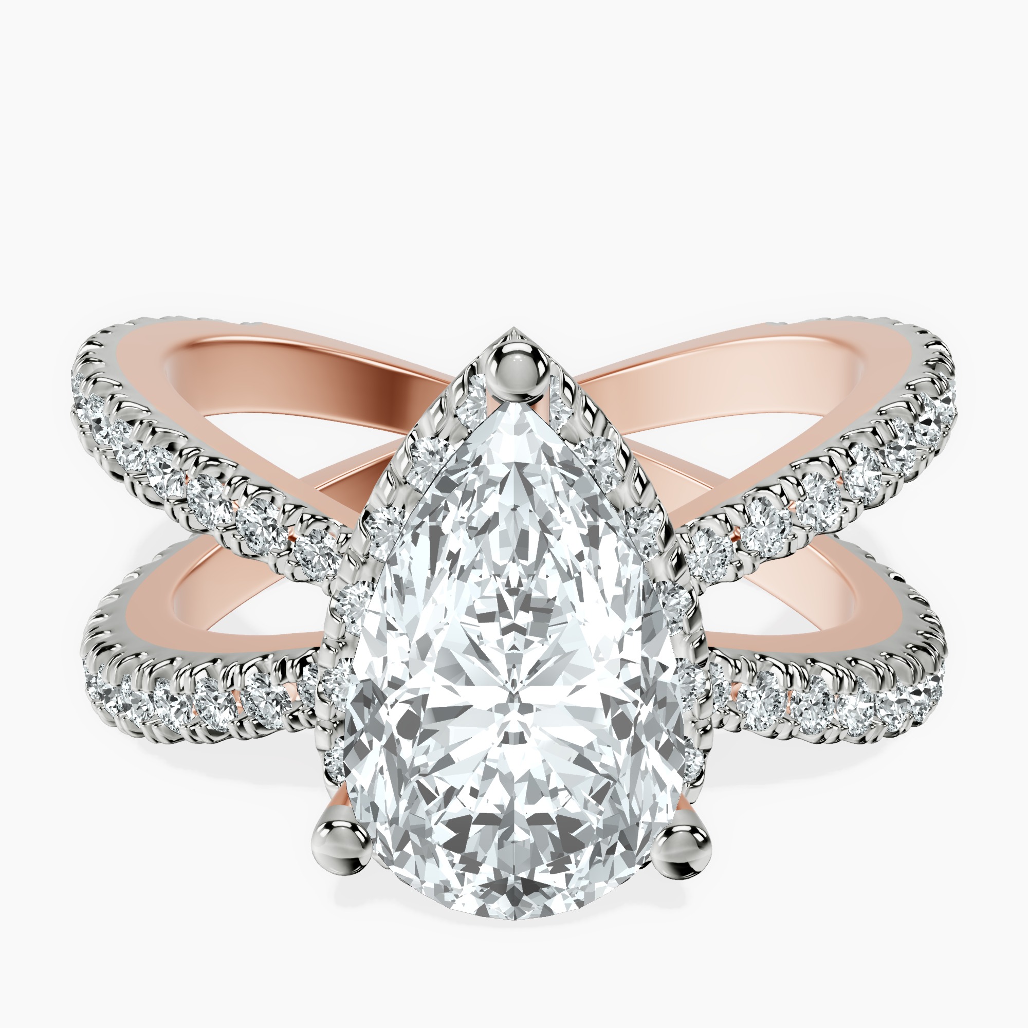 2.96 ct. pear Electra Criss Cross Ring in 14kt rose gold rtr top