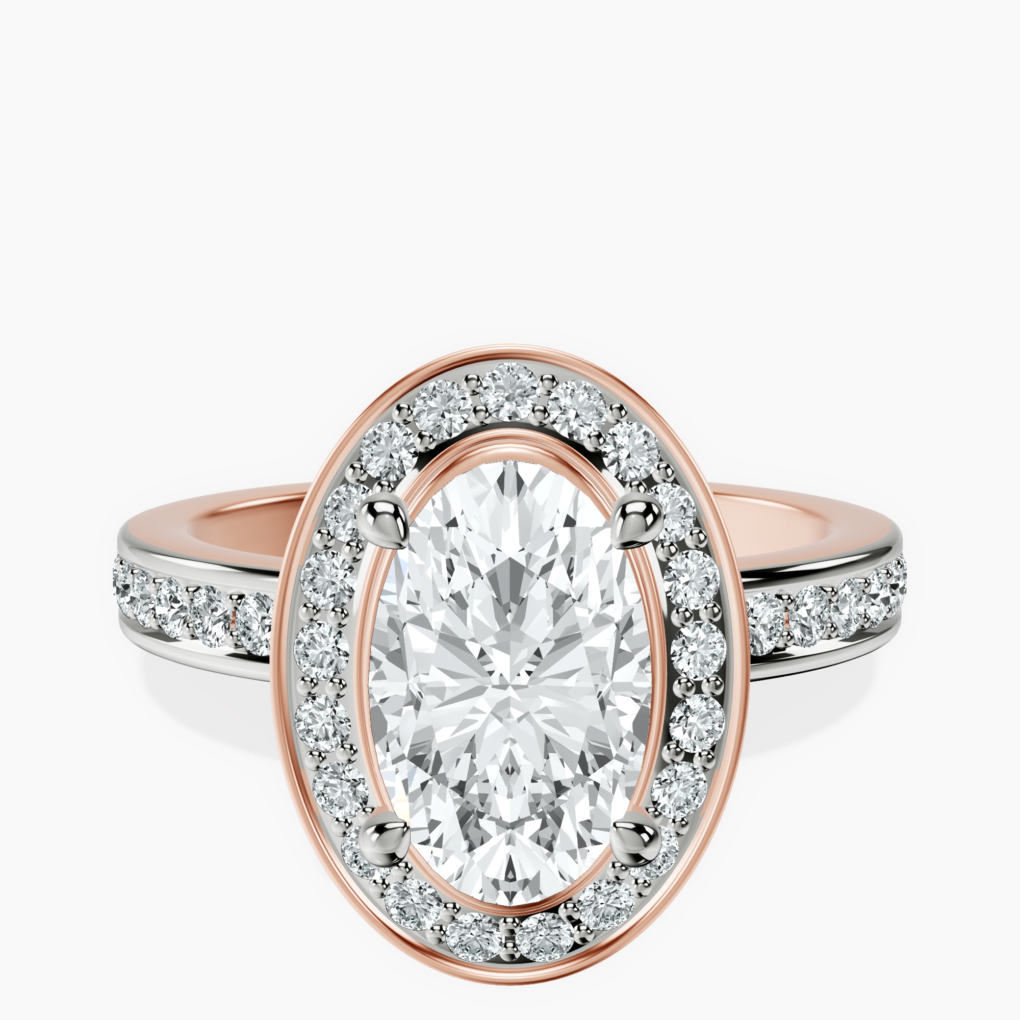 2.40 ct. oval Around The Globe Halo Ring in 18kt rose gold rtr top