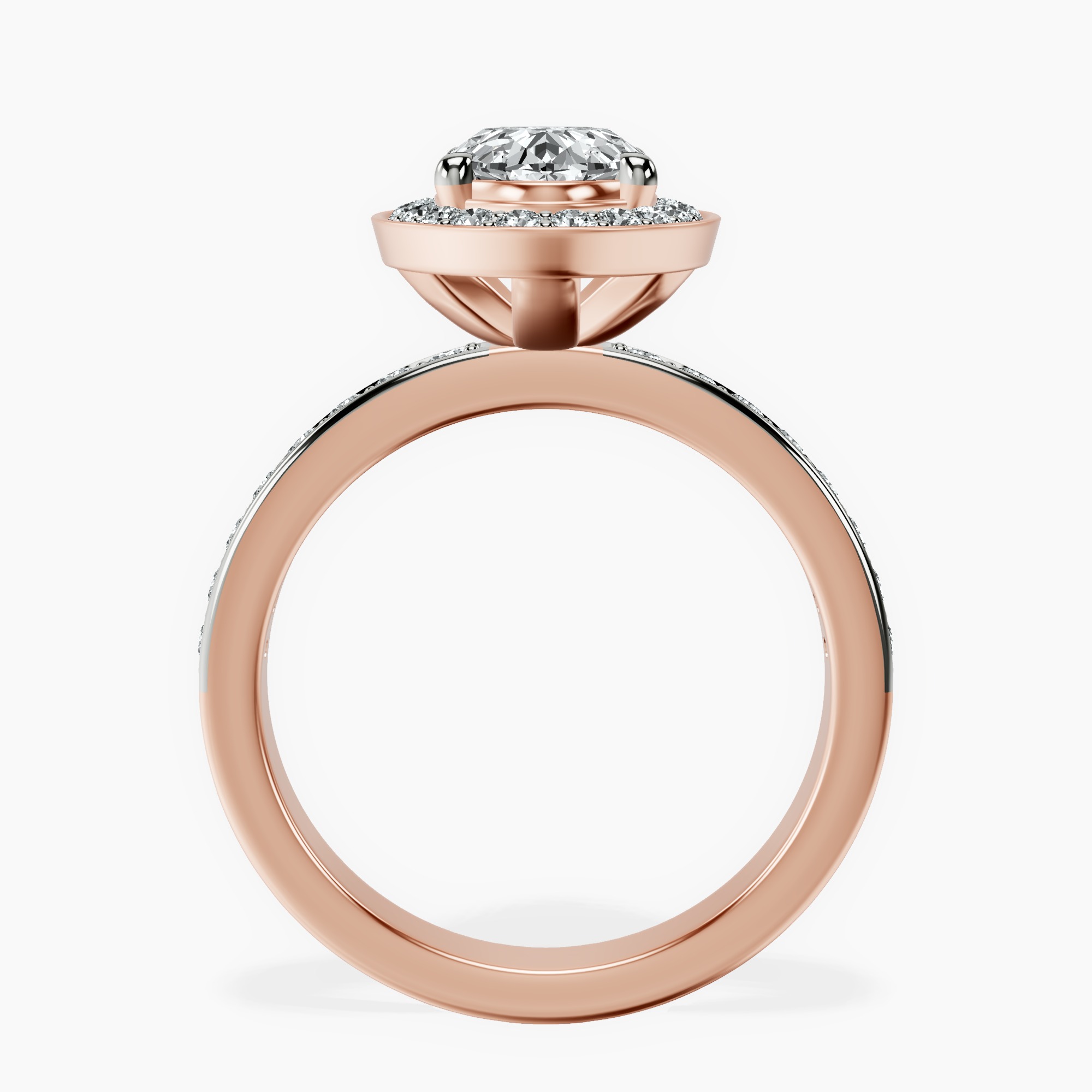 2.40 ct. oval Around The Globe Halo Ring in 18kt rose gold side right image one