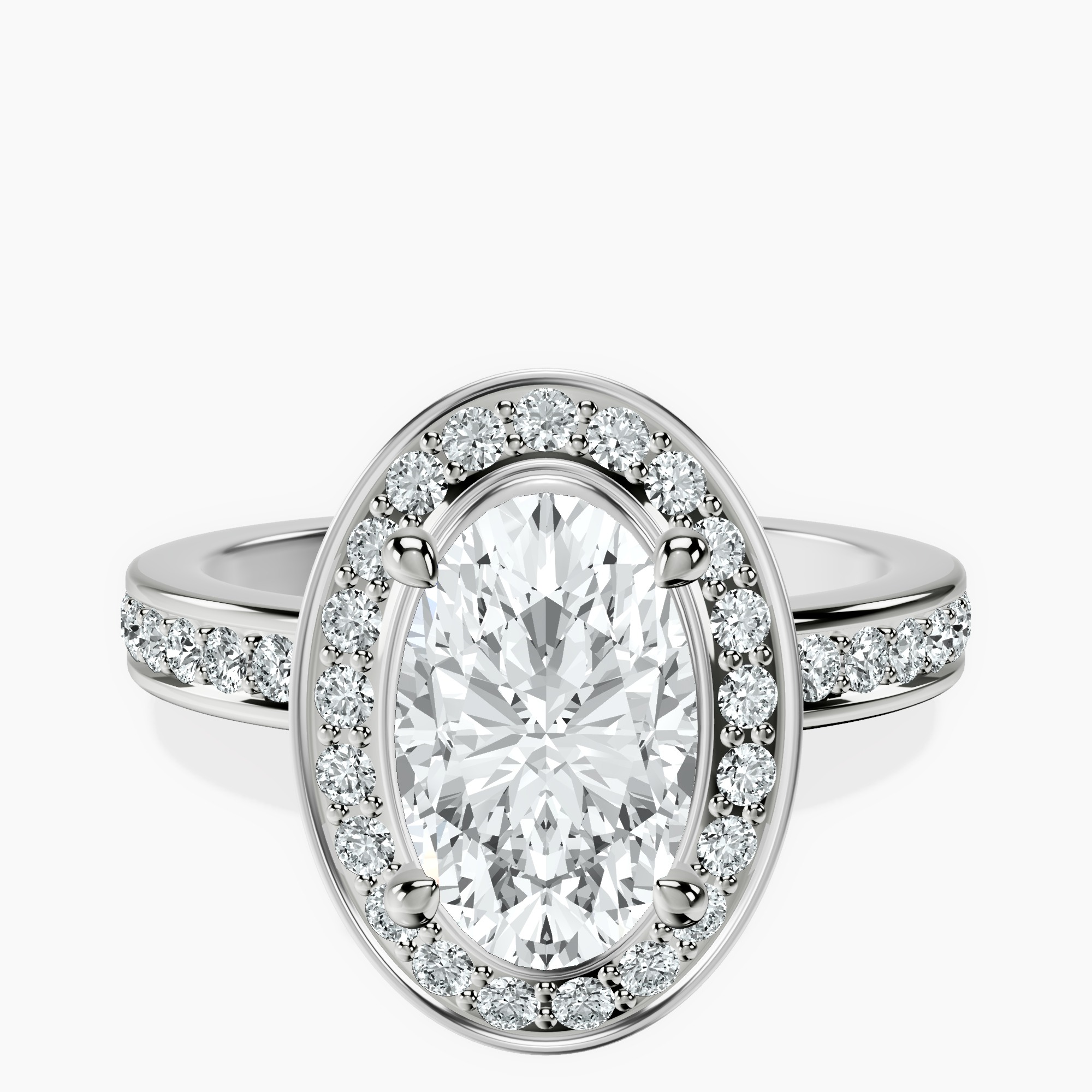 2.40 ct. oval Around The Globe Halo Ring in 14kt white gold rtr top