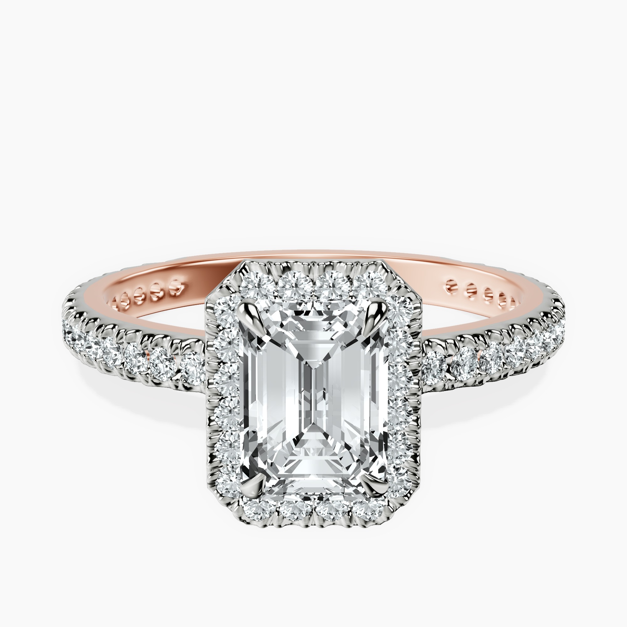 1.48 ct. emerald Klarissa Halo Eternity Ring in 10kt rose gold rtr top