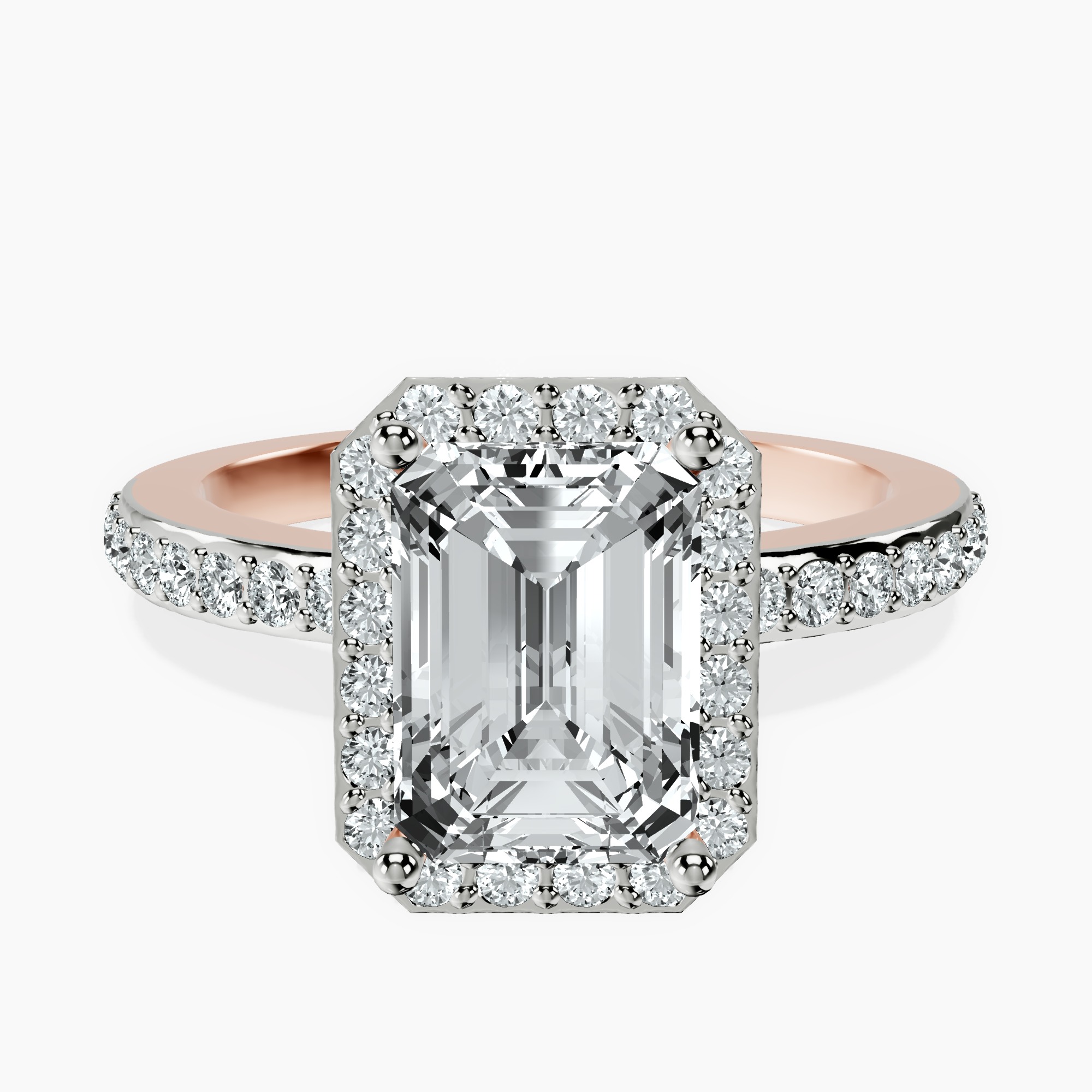 2.16 ct. emerald Lumina Halo Ring in 14kt rose gold rtr top