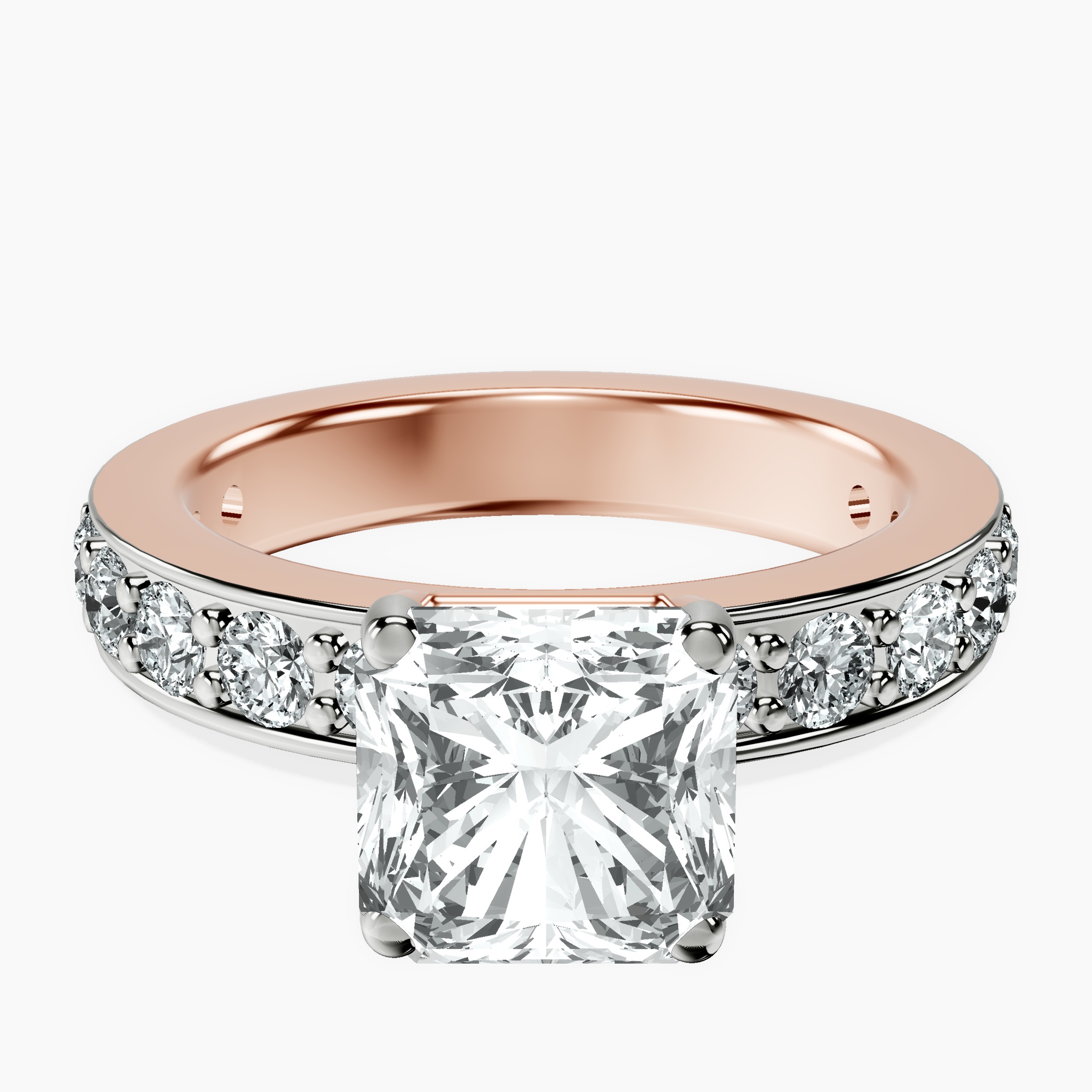 2.05 ct. radiant Adele Side Stone Ring in 18kt rose gold rtr top