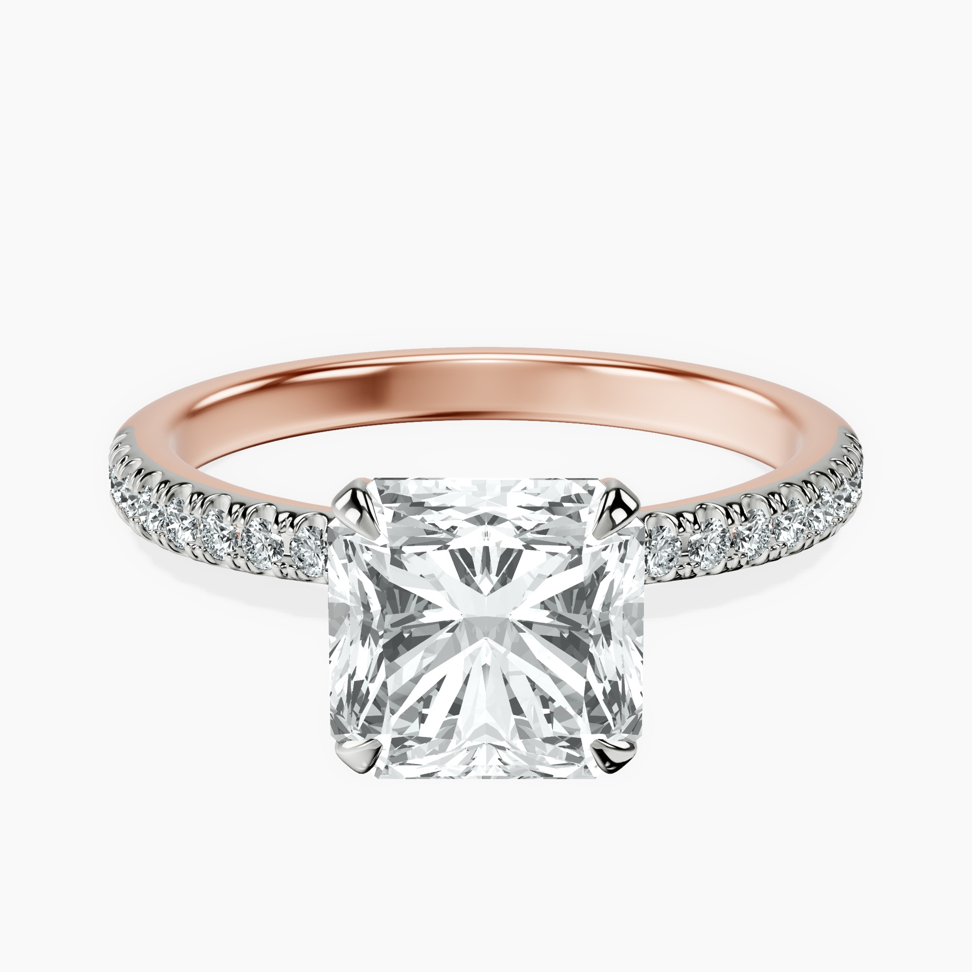 2.94 ct. radiant Etienne Secret Halo Ring in 10kt rose gold rtr top