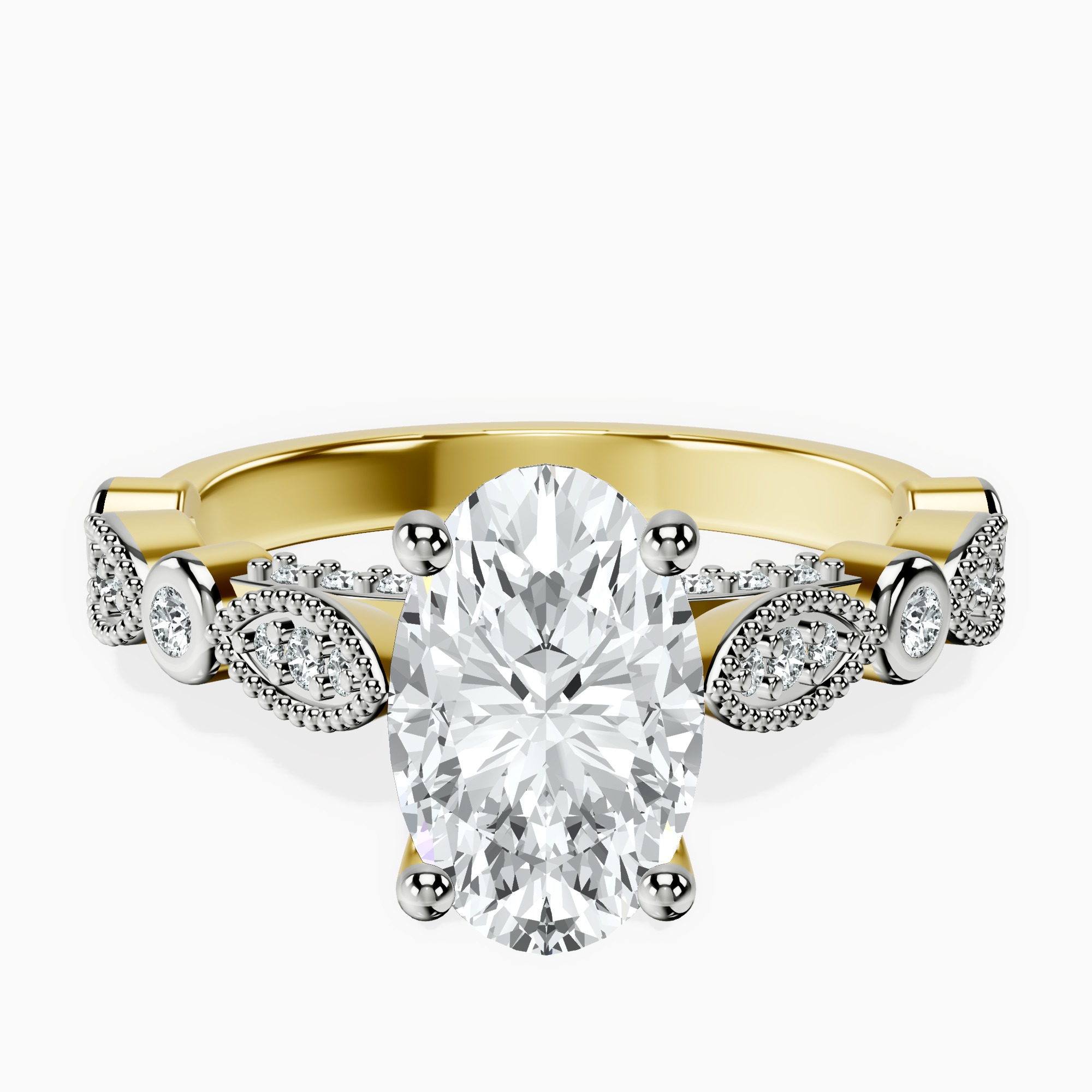 2.40 ct. oval Larisa Side Stone lab diamond Ring in 14kt yellow gold rtr top