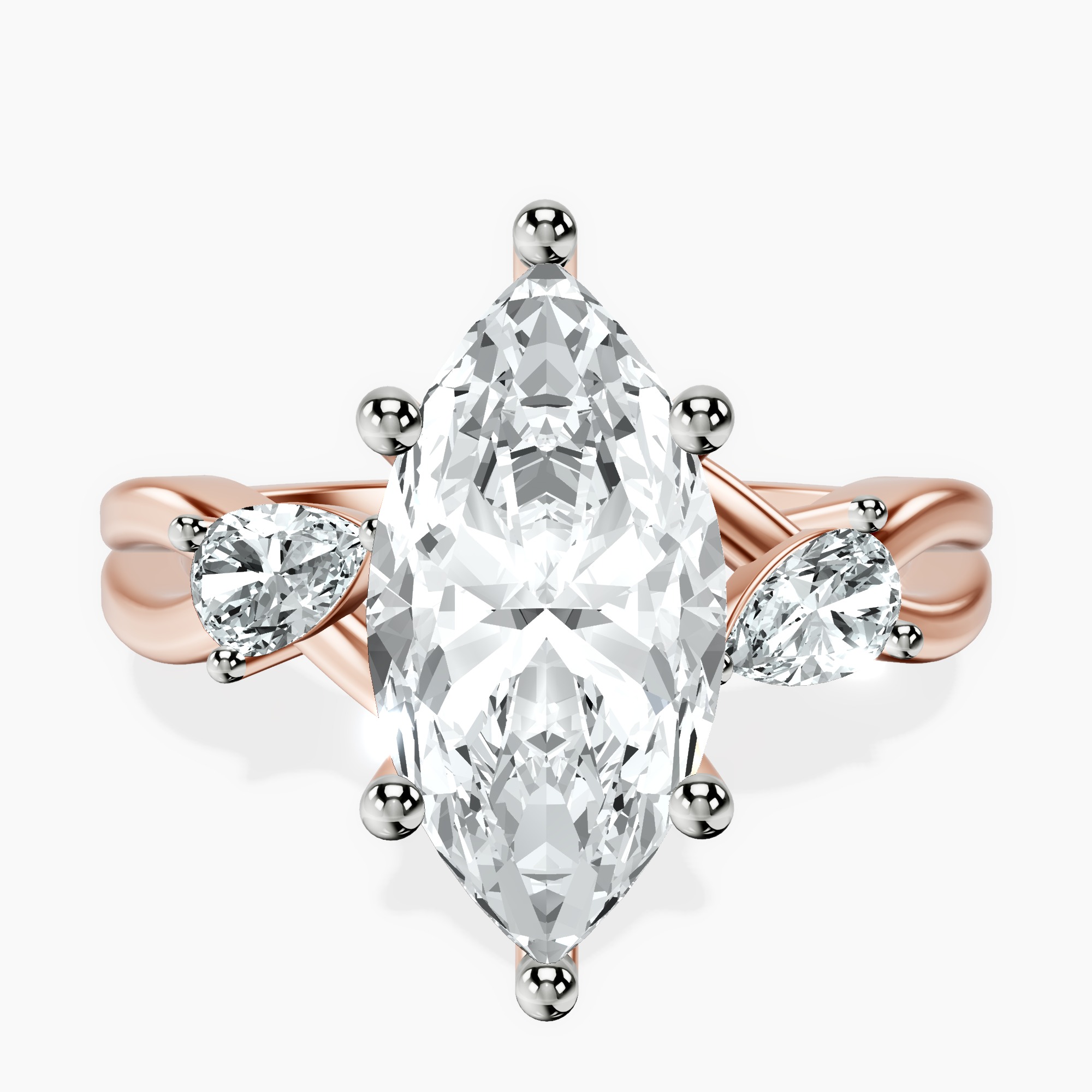 2.73 ct. marquise Odette Three Stone Ring in 14kt rose gold rtr top