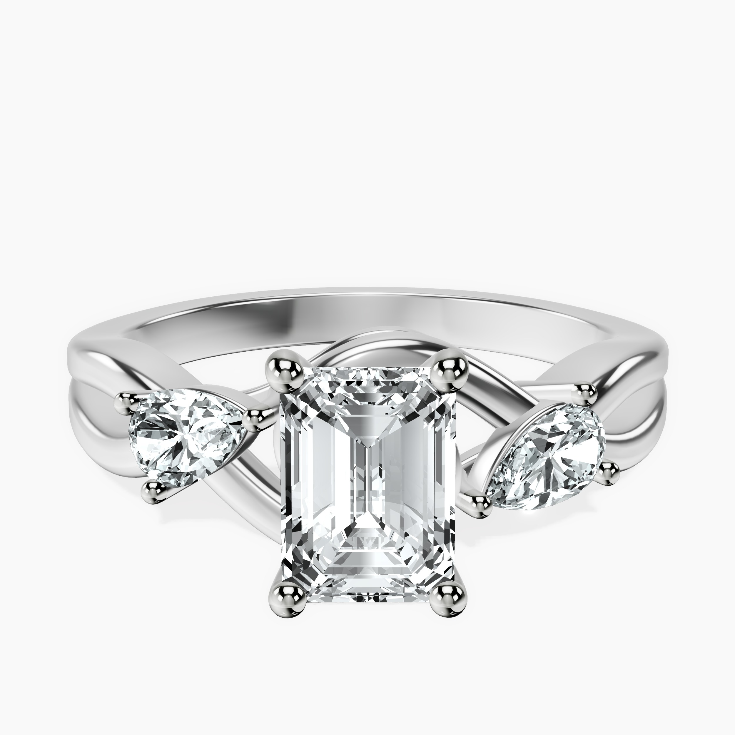 1.43 ct. emerald Odette Three Stone Ring in platinum rtr top