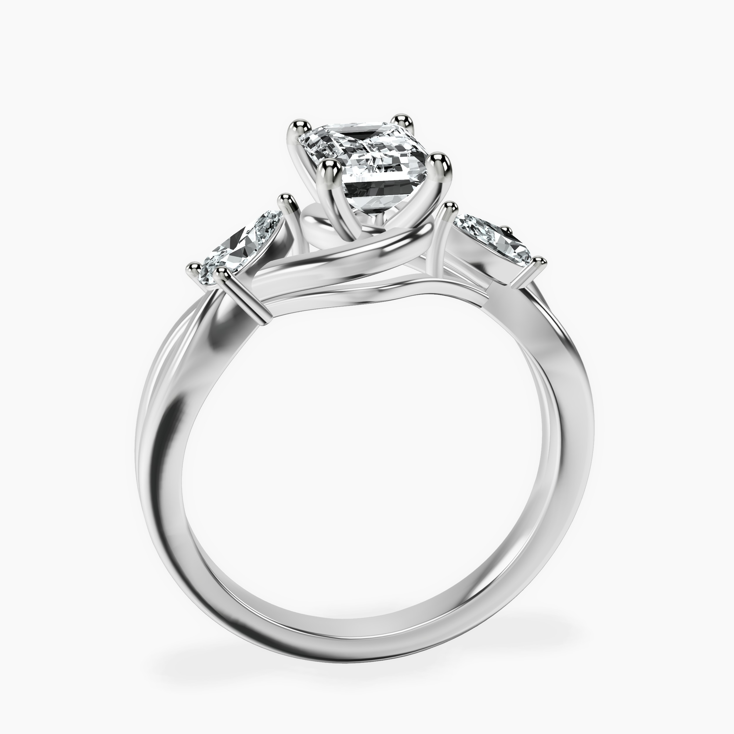 1.43 ct. emerald Odette Three Stone Ring in platinum side right image one