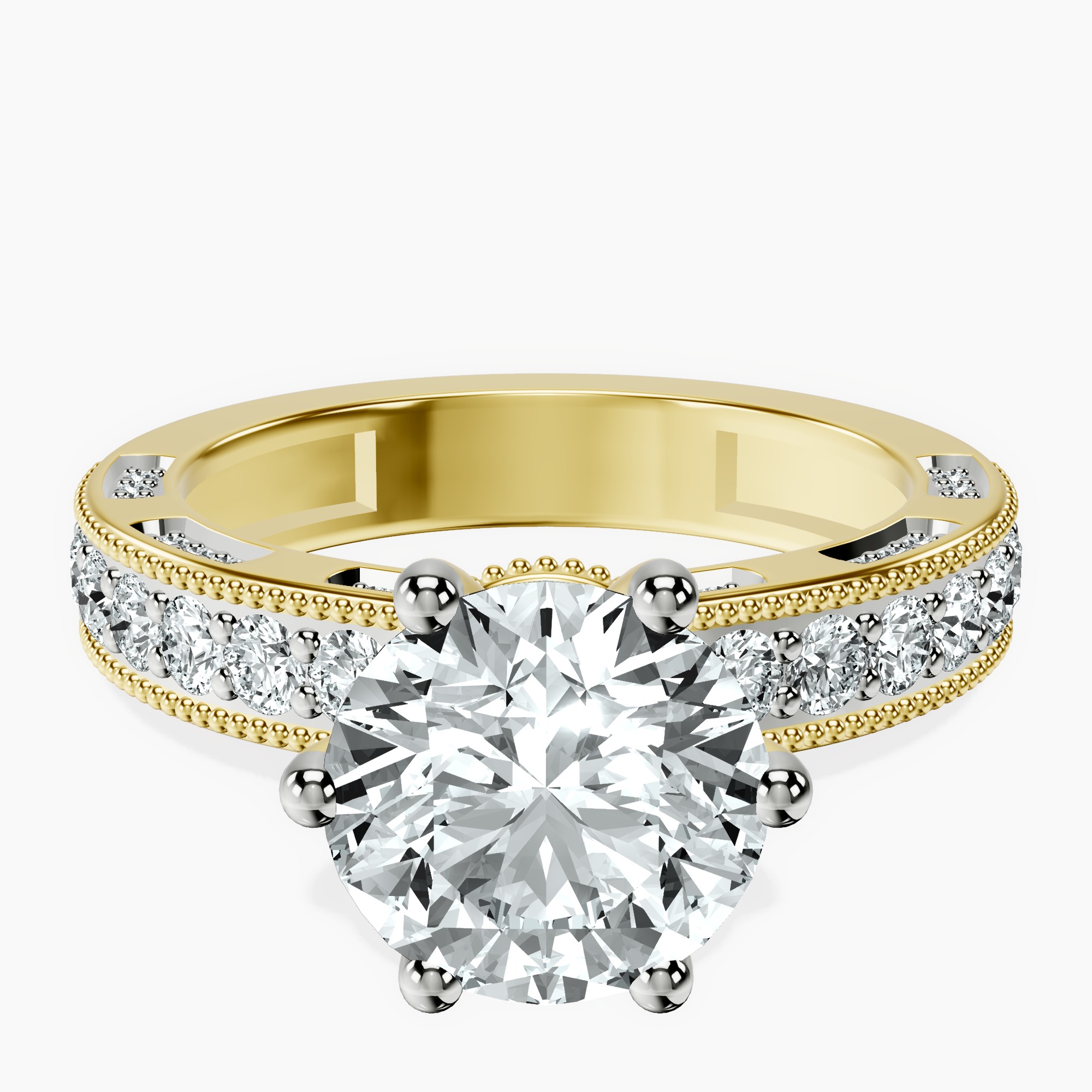 2.04 ct. round Regalia miligrain ring in 10kt yellow gold rtr top