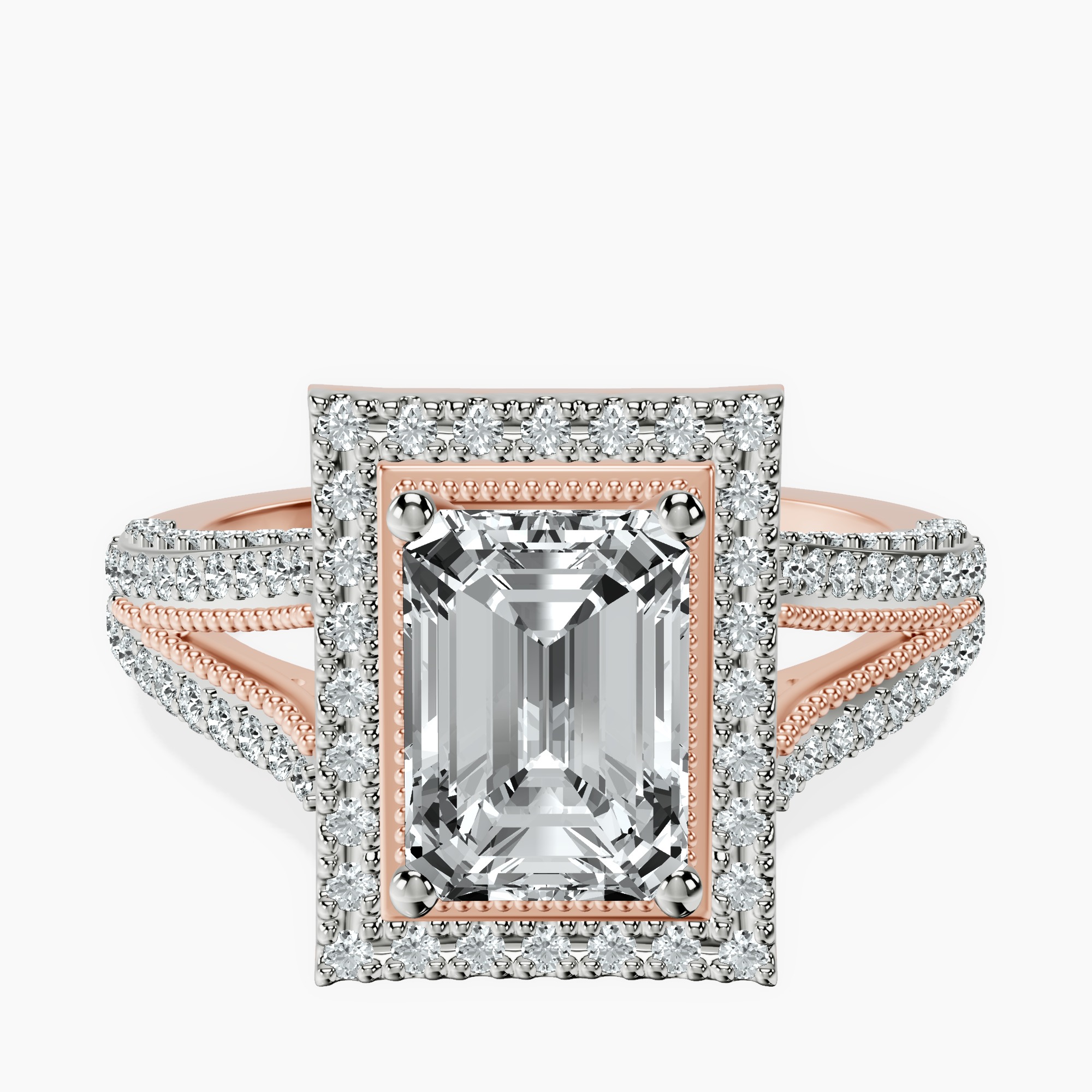 1.48 ct. emerald Opulenté halo ring in 18kt rose gold rtr top