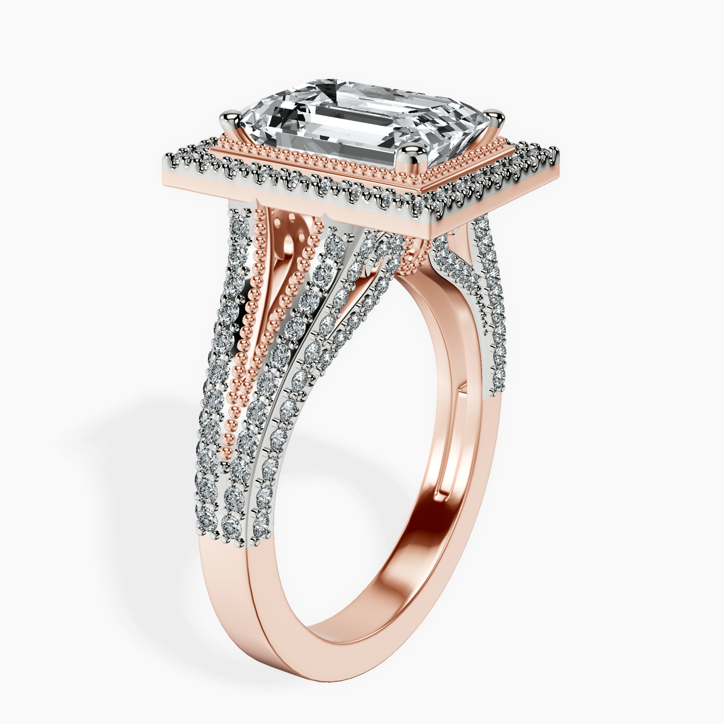 1.48 ct. emerald Opulenté halo ring in 18kt rose gold standing product image one