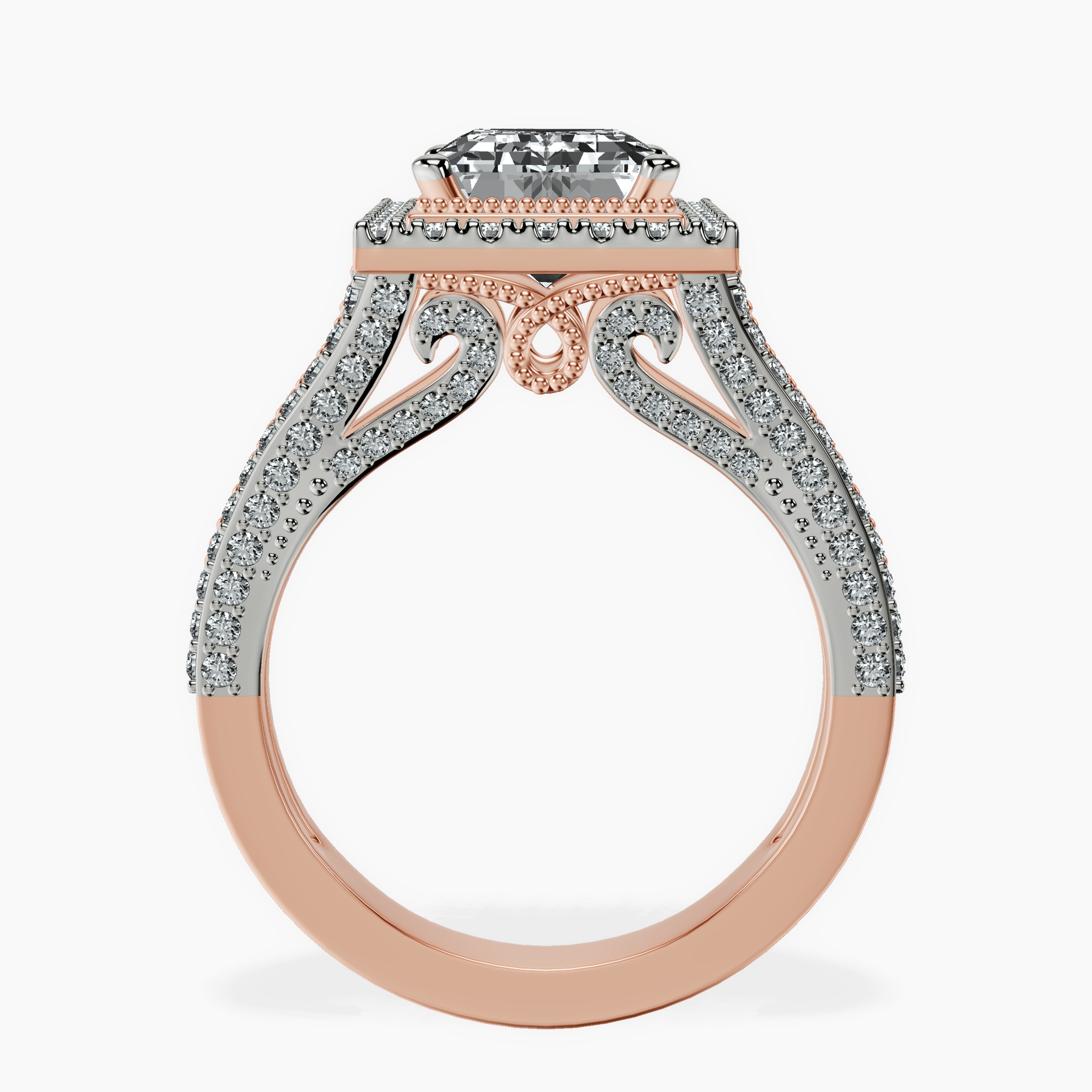 1.48 ct. emerald Opulenté halo ring in 18kt rose gold side right image one
