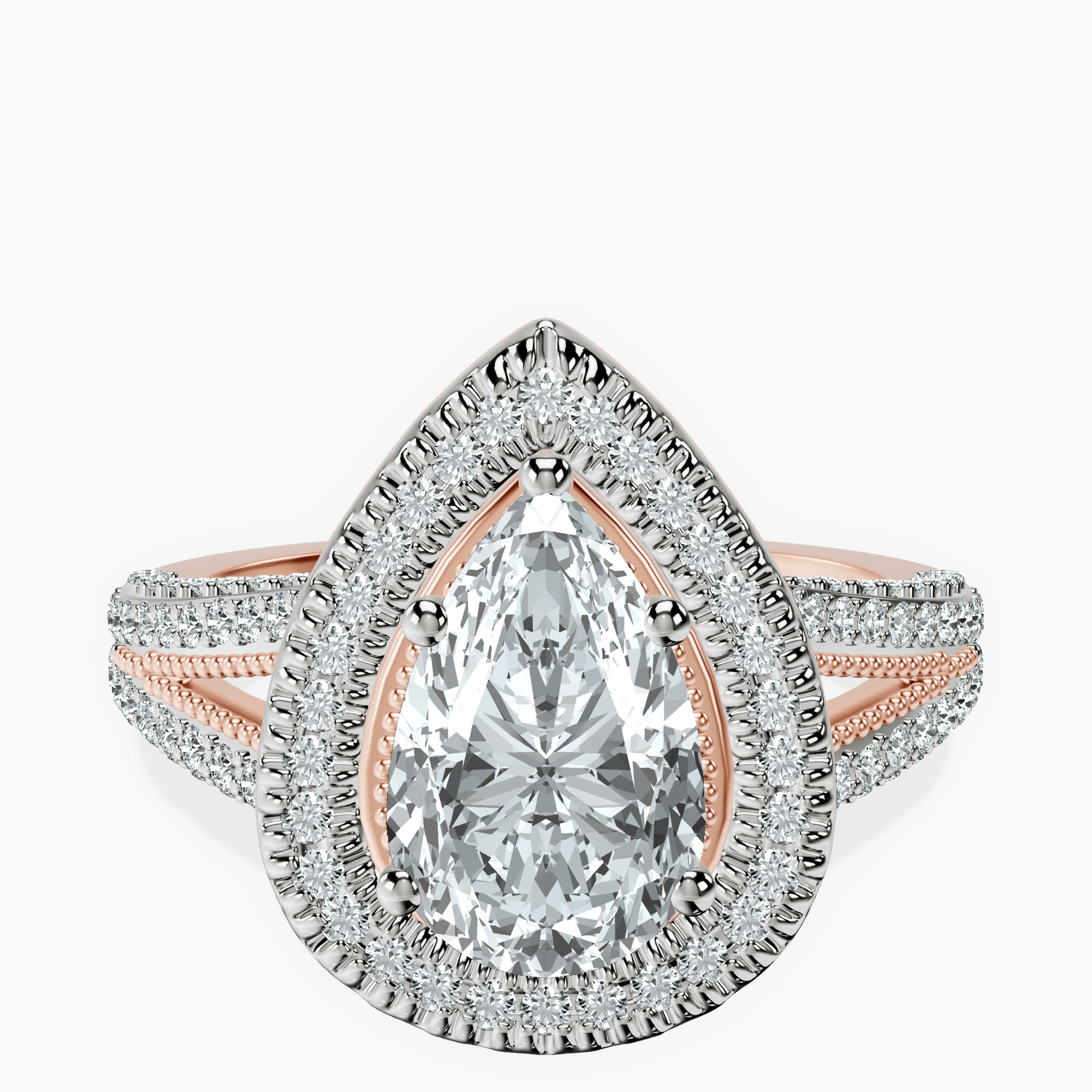 1.45 ct. pear Opulenté halo ring in 10kt rose gold rtr top