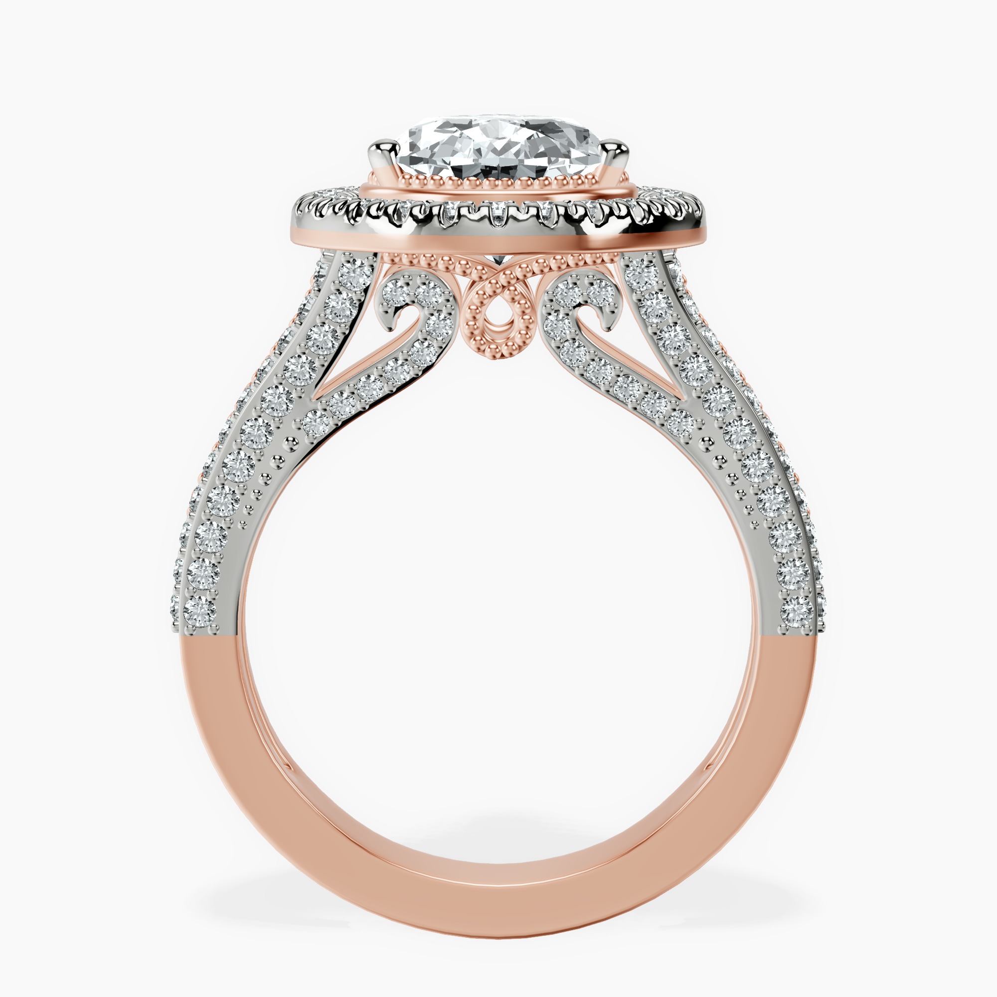 1.45 ct. pear Opulenté halo ring in 10kt rose gold side right image one