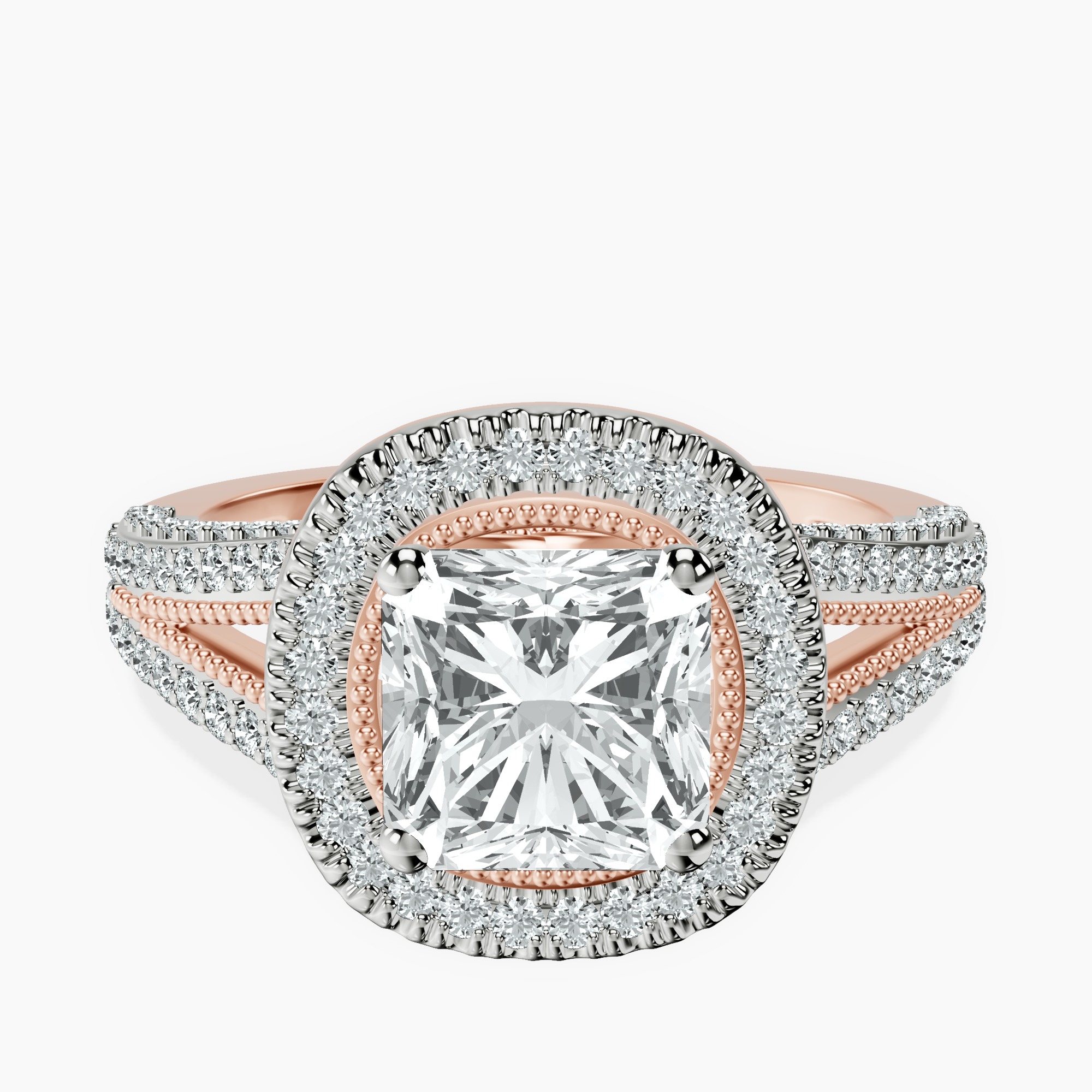 2.94 ct. radiant Opulenté halo ring in 14kt rose gold rtr top