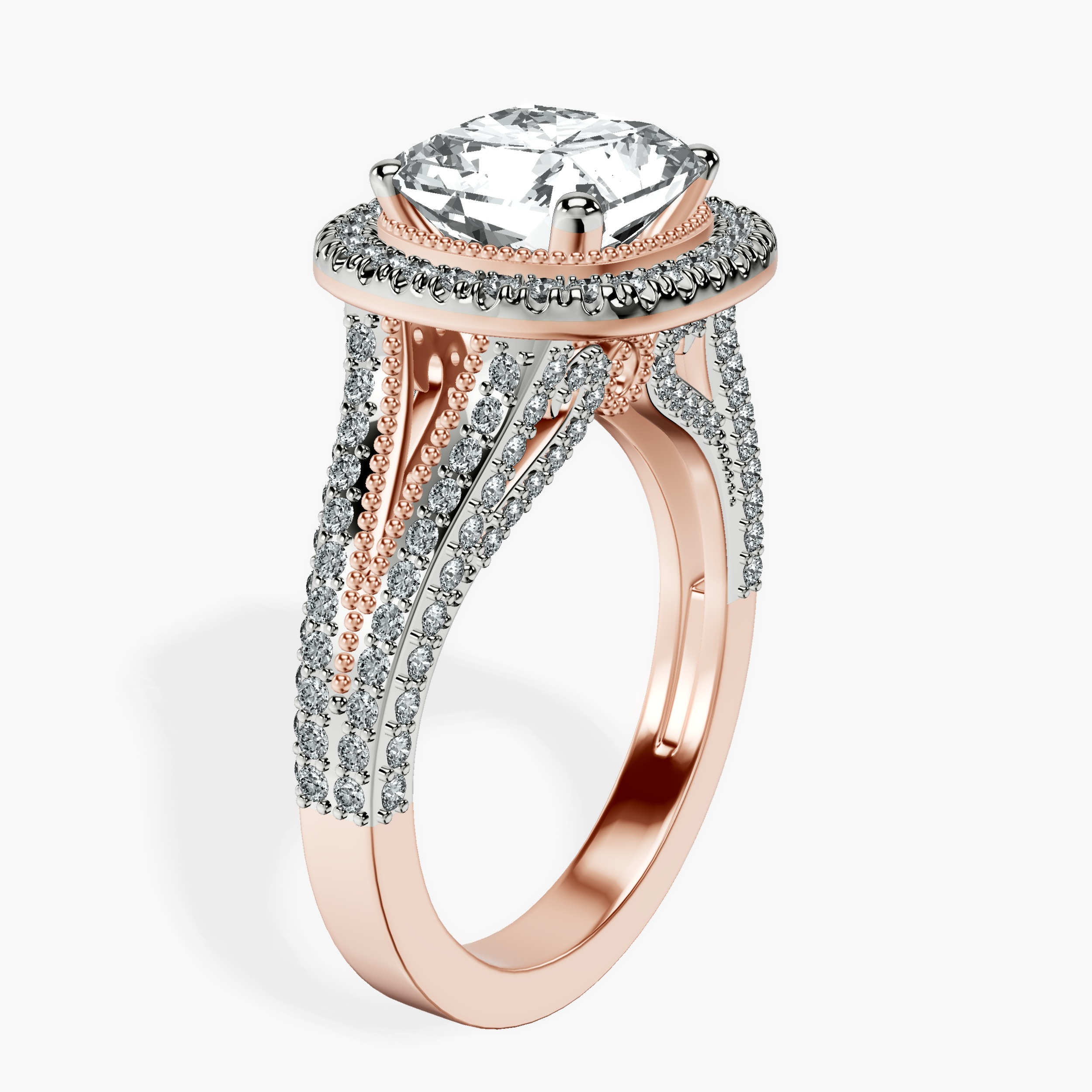 2.94 ct. radiant Opulenté halo ring in 14kt rose gold standing product image one
