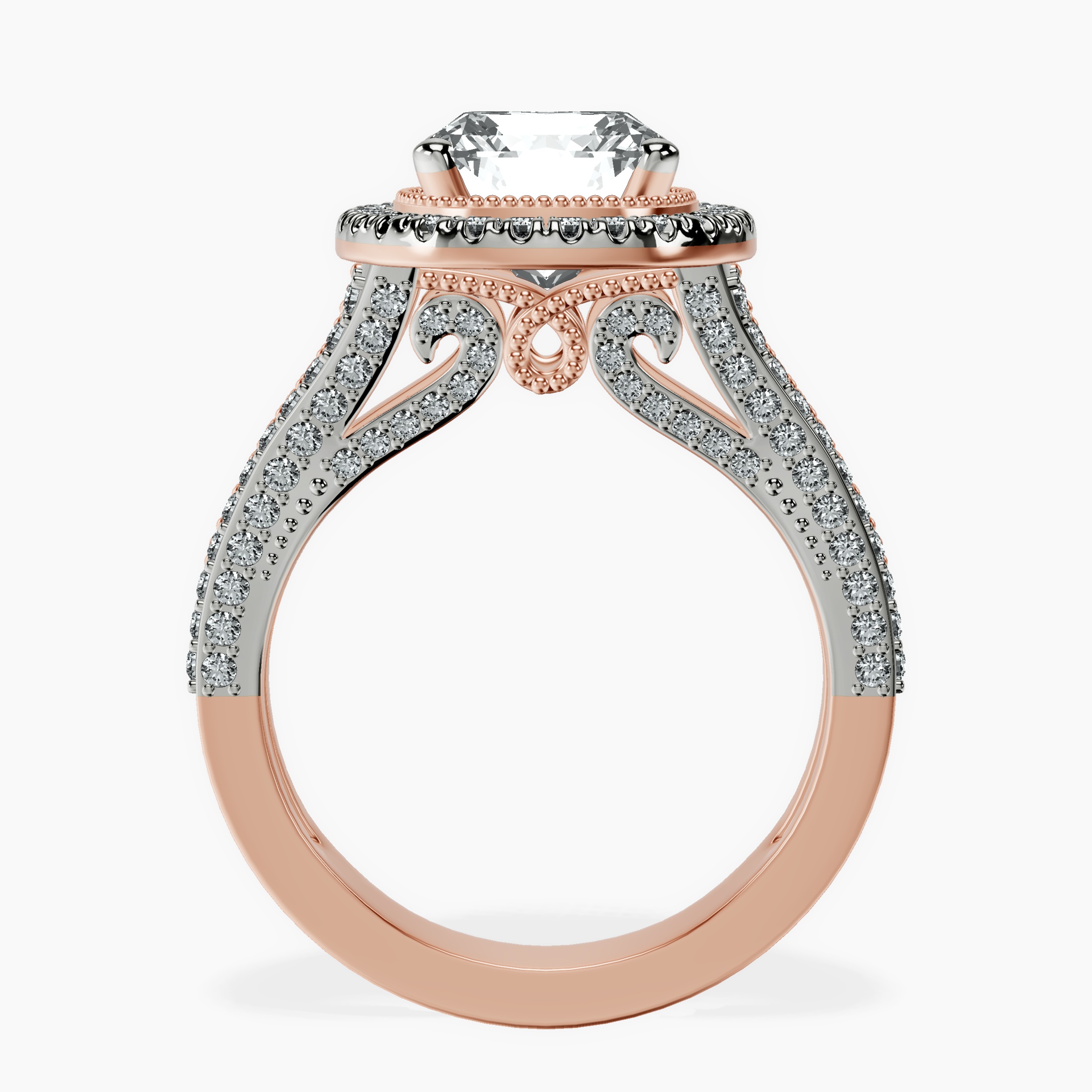 2.94 ct. radiant Opulenté halo ring in 14kt rose gold side right image one
