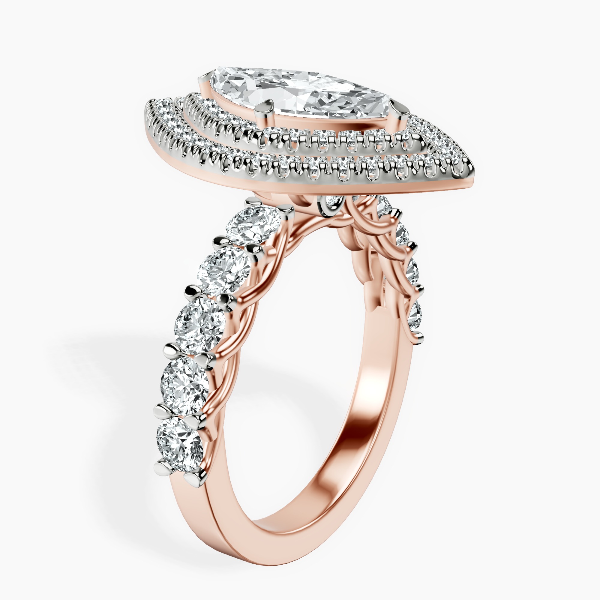 14kt Rose Gold Crowned Cresta Double Halo Lab Diamond Ring standing product image one