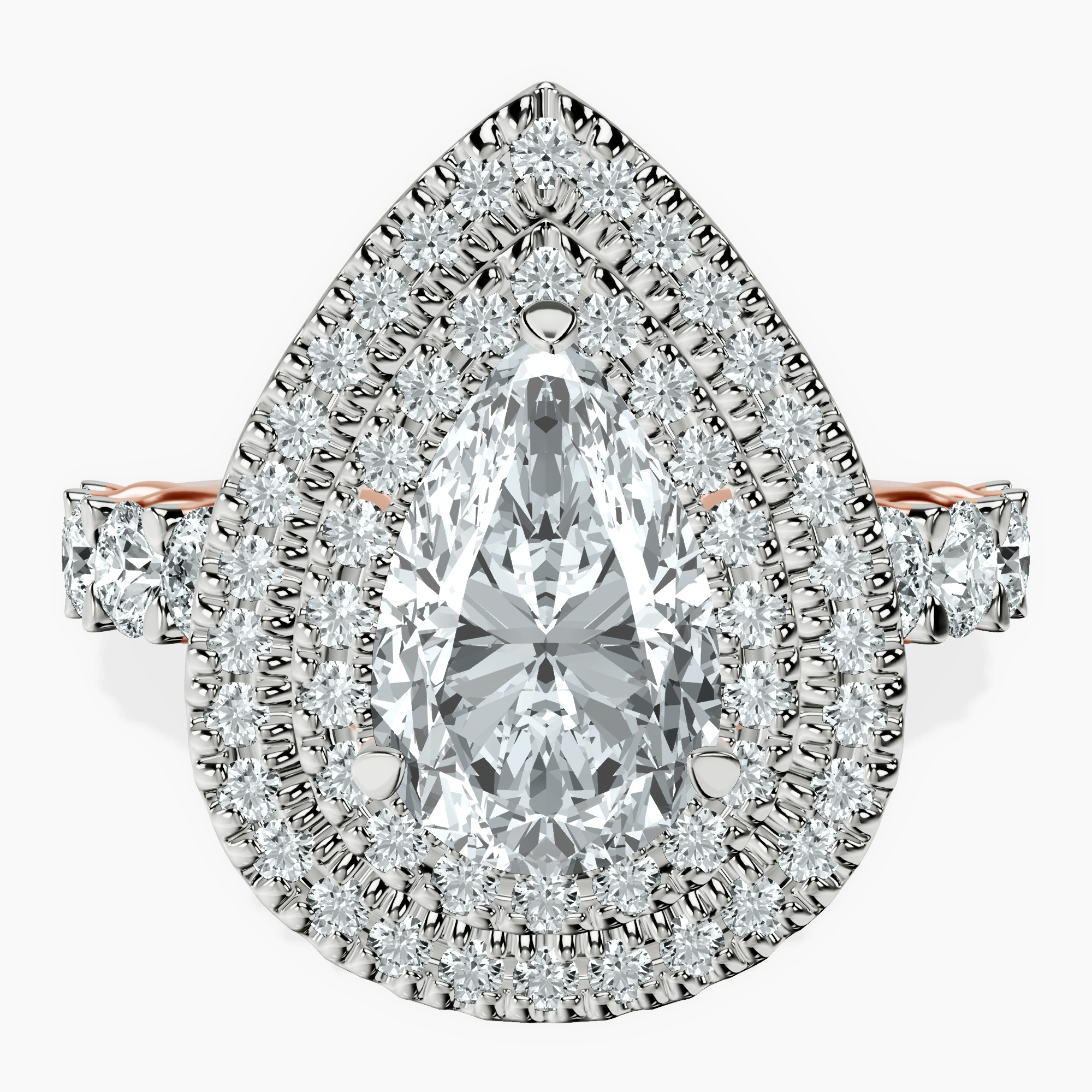 1.45 ct. pear Crowned Cresta double halo ring in 14kt rose gold rtr top