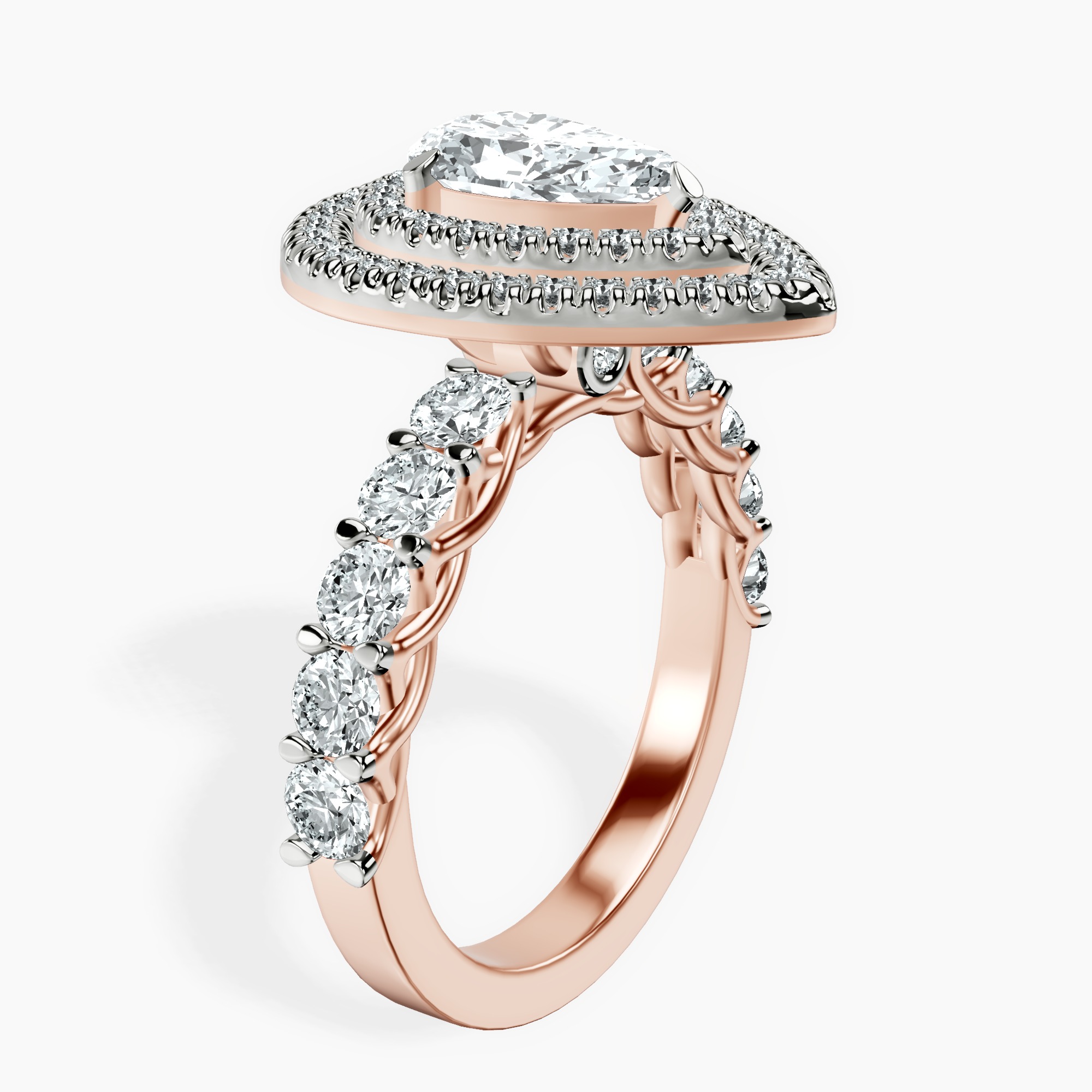 1.45 ct. pear Crowned Cresta double halo ring in 14kt rose gold standing product image one