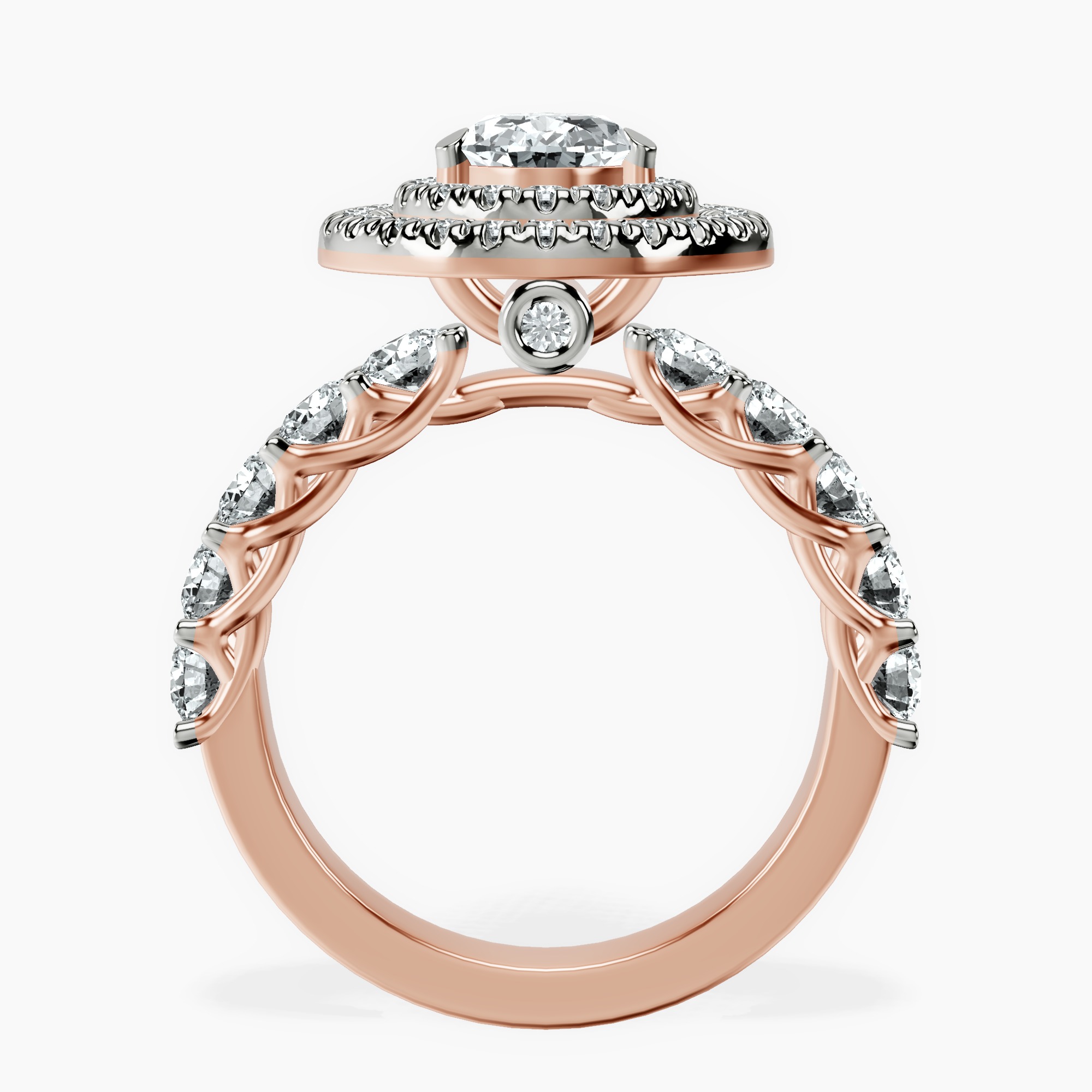 1.45 ct. pear Crowned Cresta double halo ring in 14kt rose gold side right image one