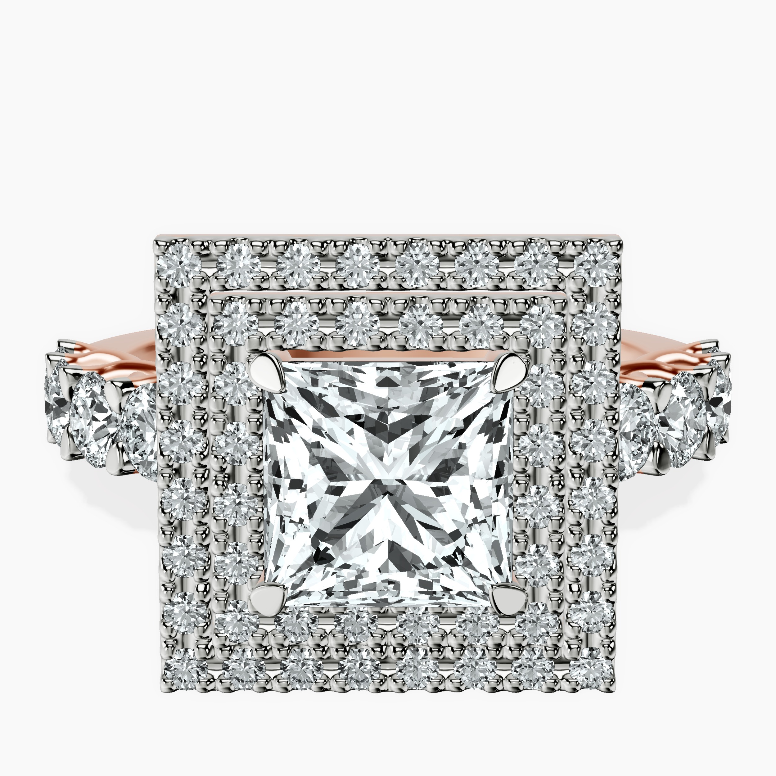 2.81 ct. princess Crowned Cresta double halo ring in 10kt rose gold rtr top