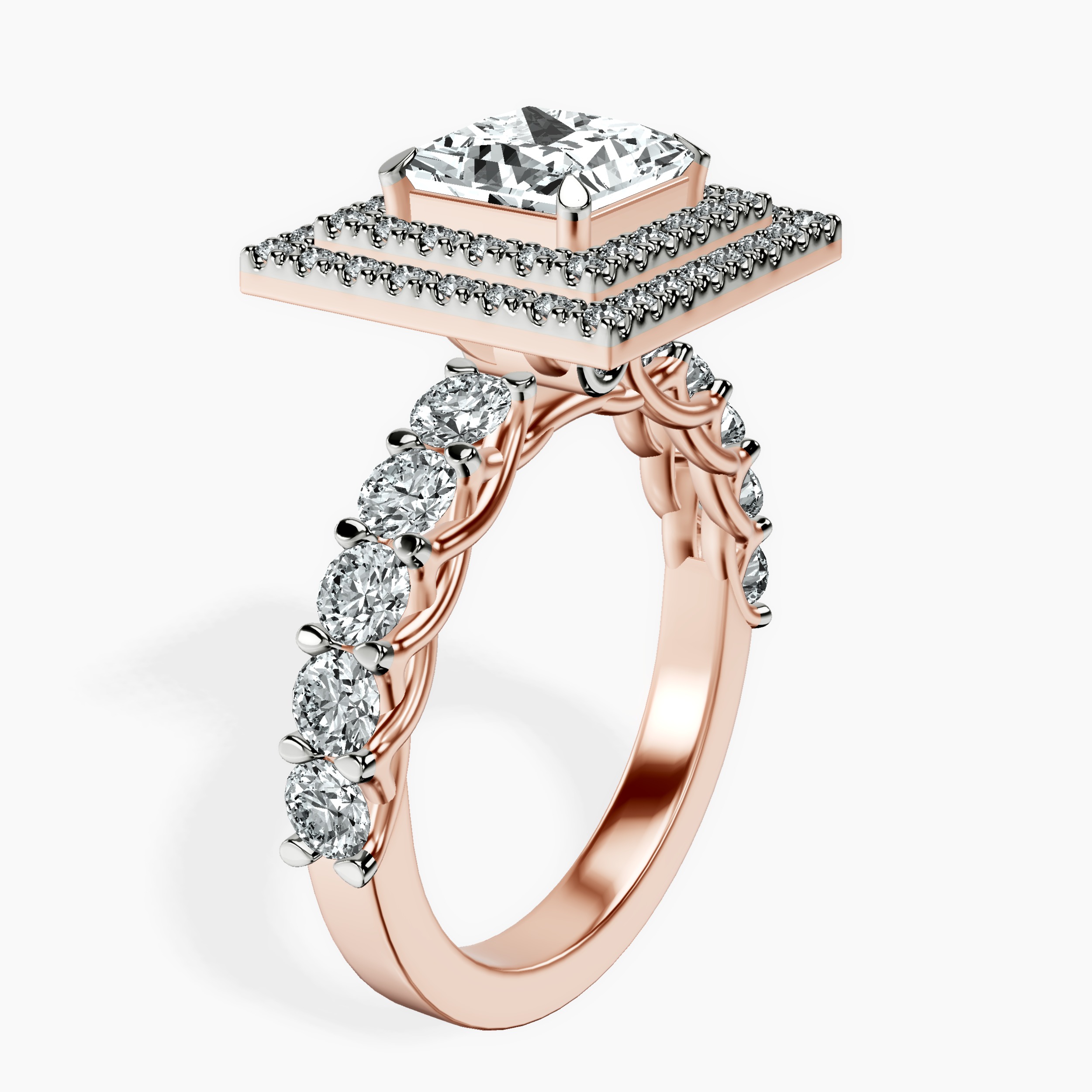 2.81 ct. princess Crowned Cresta double halo ring in 10kt rose gold standing product image one