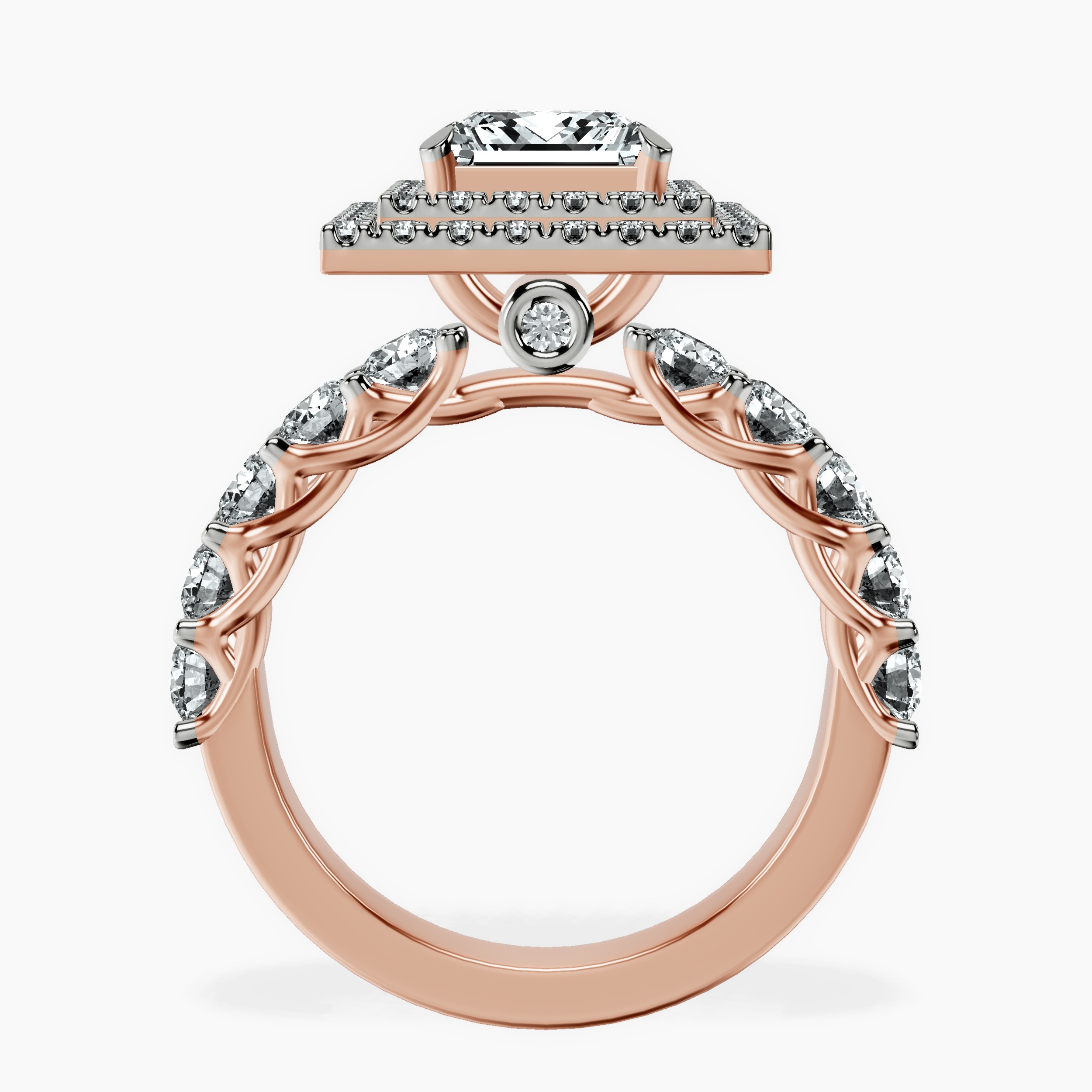 2.81 ct. princess Crowned Cresta double halo ring in 10kt rose gold side right image one
