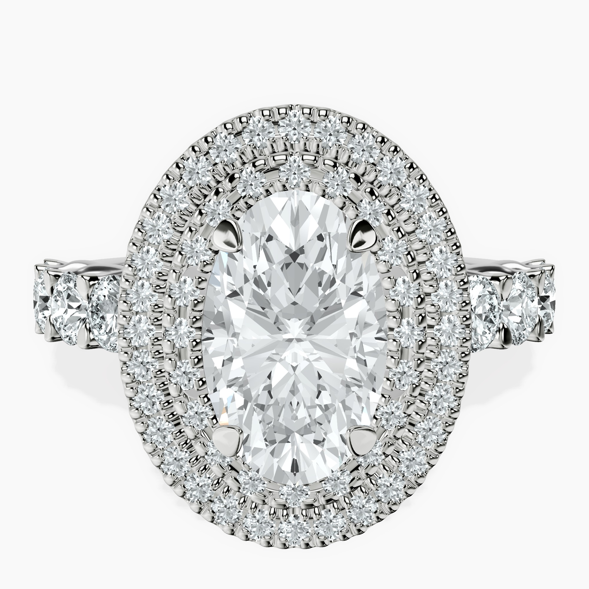 1.37 ct. oval Crowned Cresta double halo ring in 10kt white gold rtr top