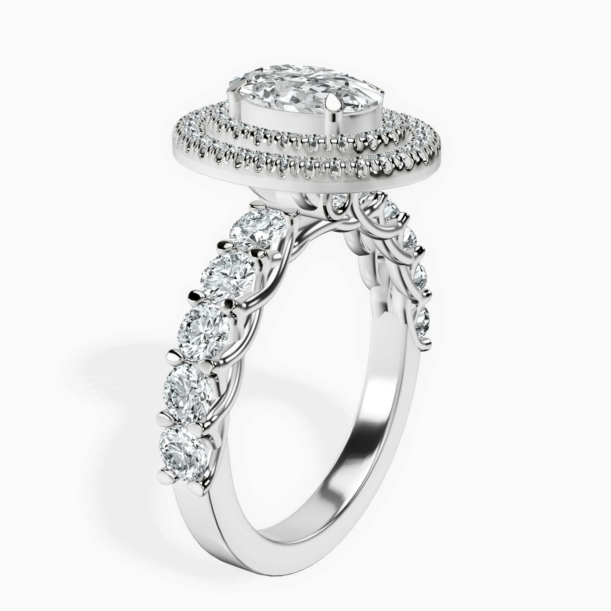 1.37 ct. oval Crowned Cresta double halo ring in 10kt white gold standing product image one