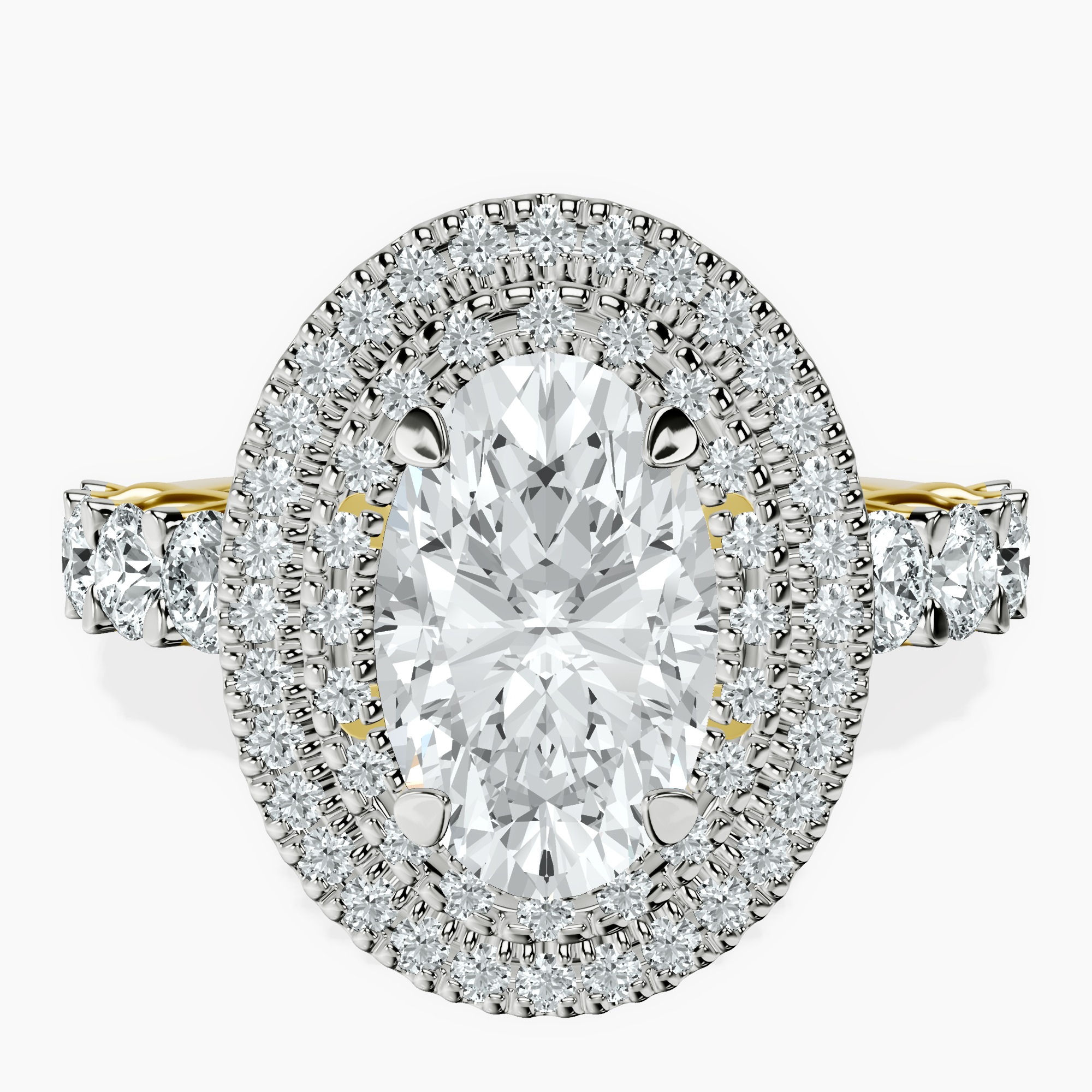2.40 ct. oval Crowned Cresta double halo ring in 14kt yellow gold rtr top