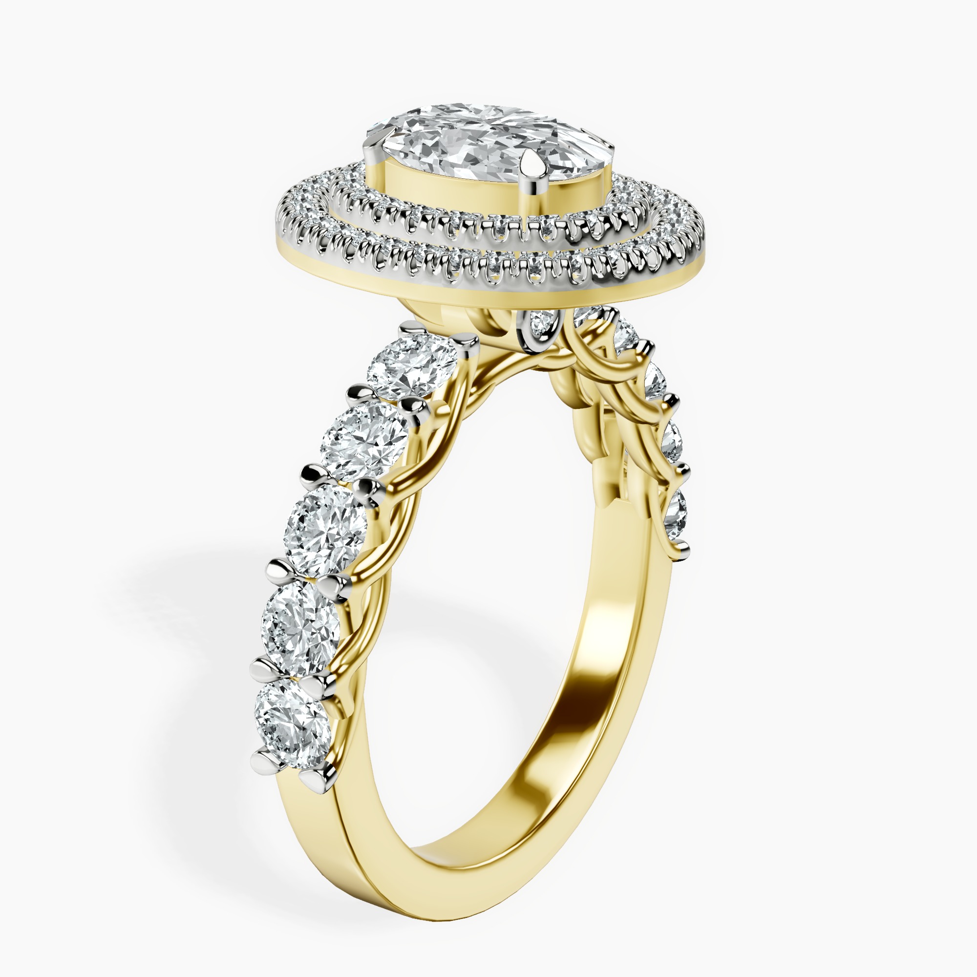 2.40 ct. oval Crowned Cresta double halo ring in 14kt yellow gold standing product image one