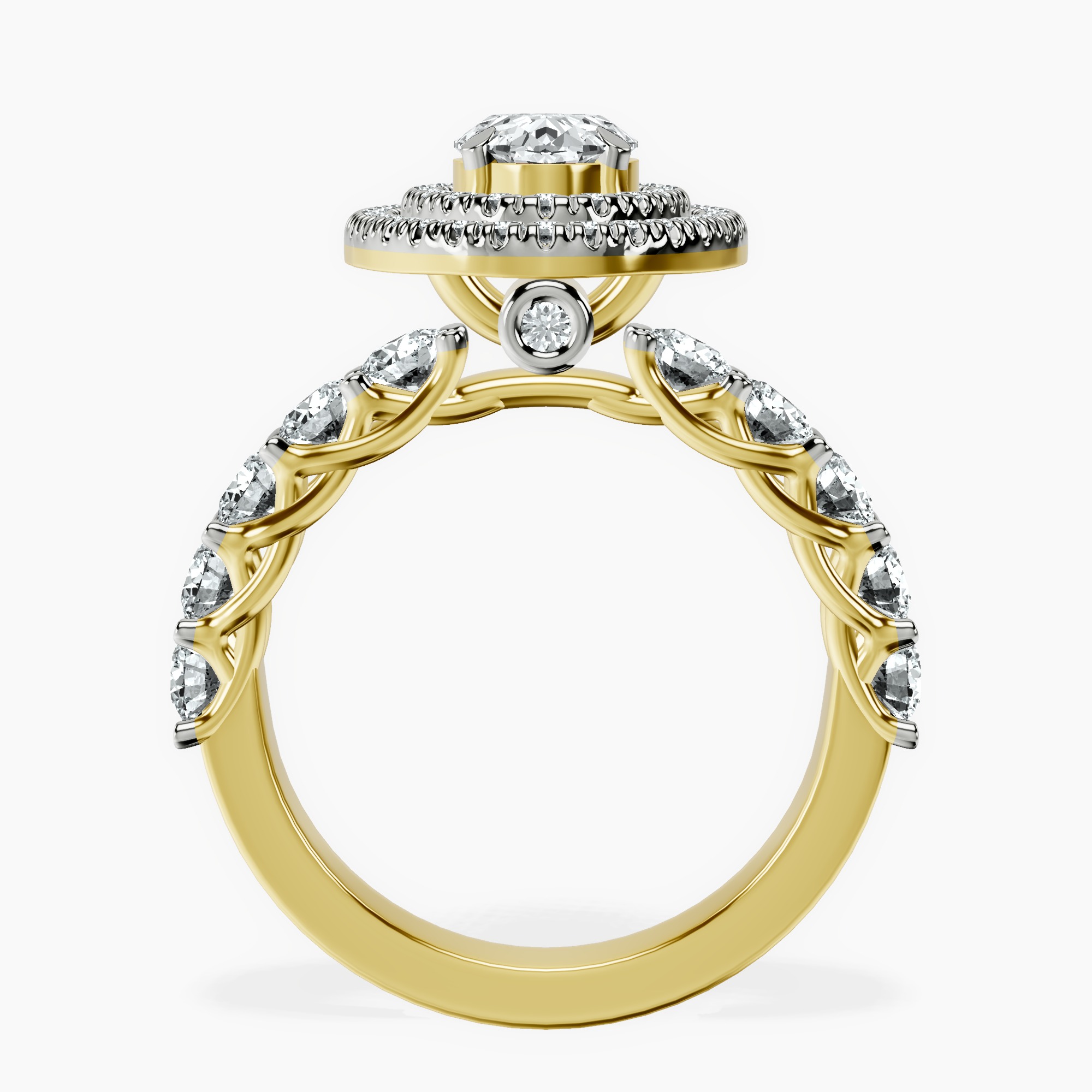 2.40 ct. oval Crowned Cresta double halo ring in 14kt yellow gold side right image one