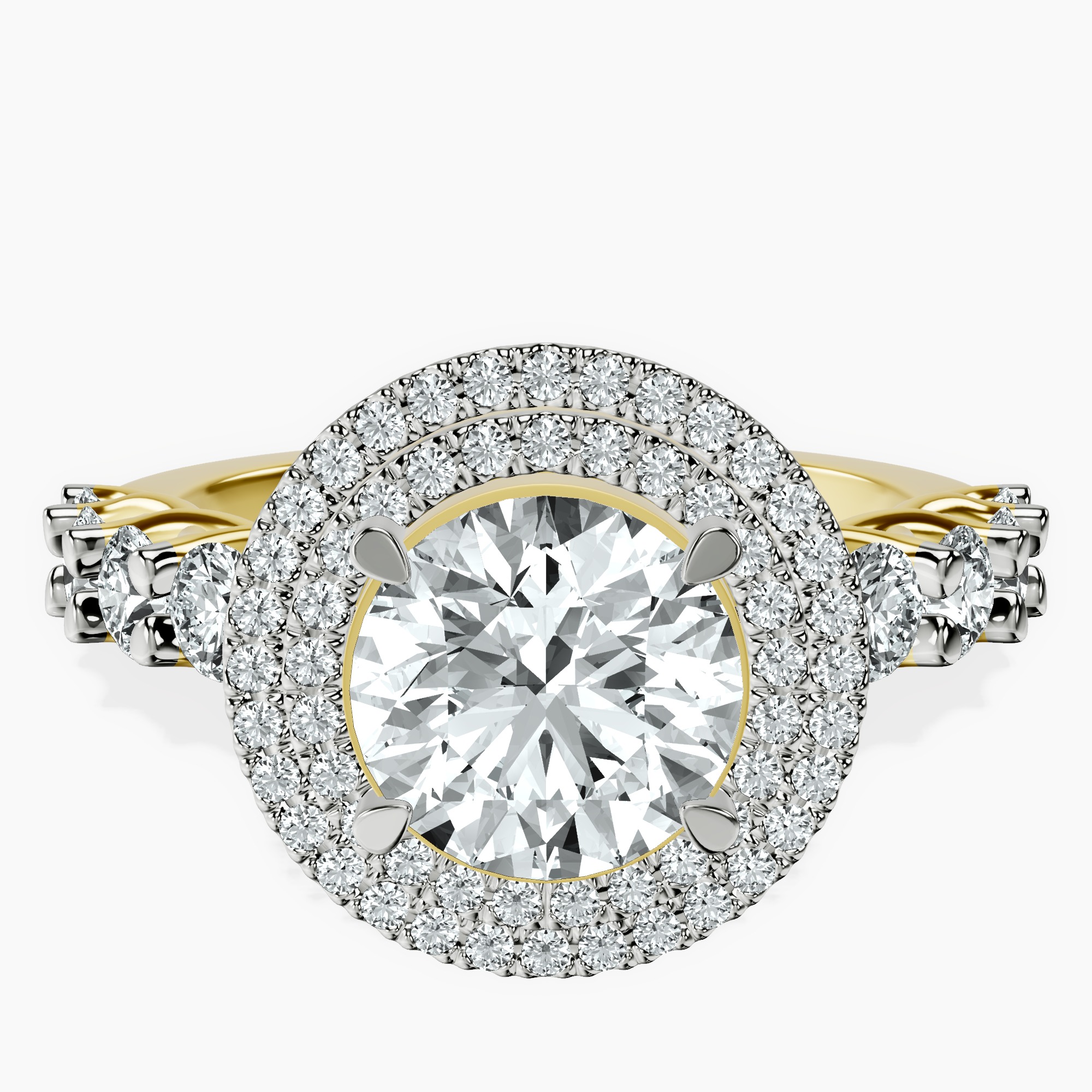 1.39 ct. round Crowned Cresta double halo ring in 10kt yellow gold rtr top
