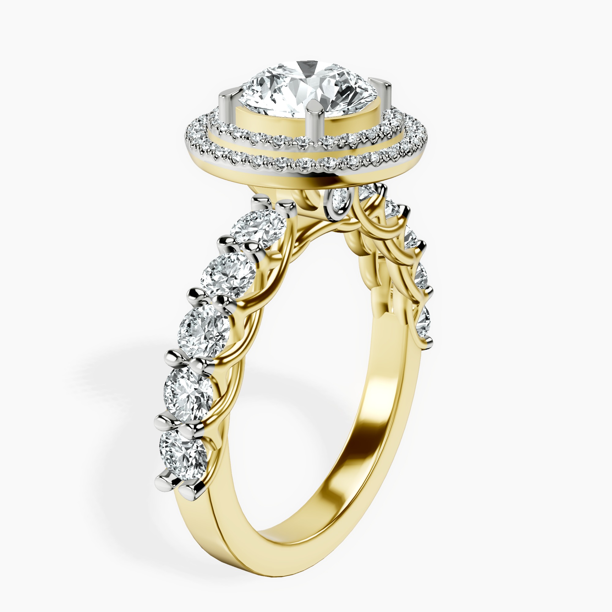 1.39 ct. round Crowned Cresta double halo ring in 10kt yellow gold standing product image one