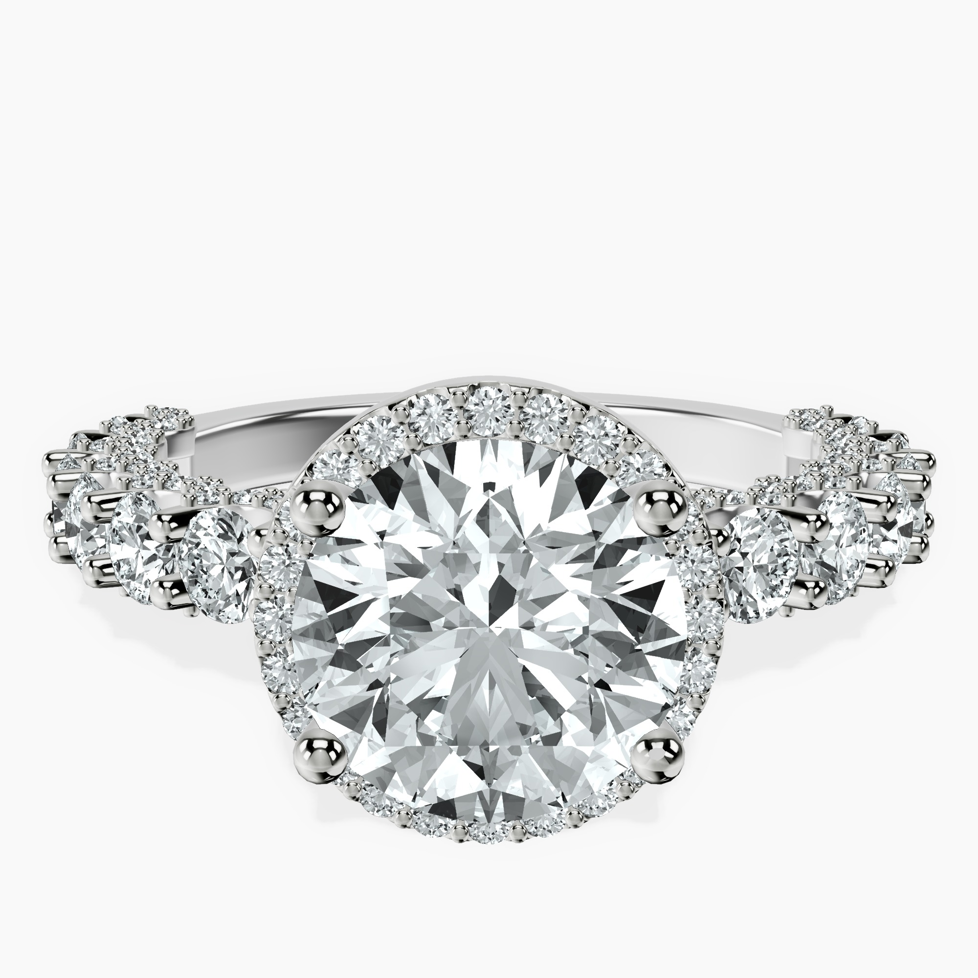 2.04 ct. round Enchanté side stone halo ring in 14kt white gold rtr top