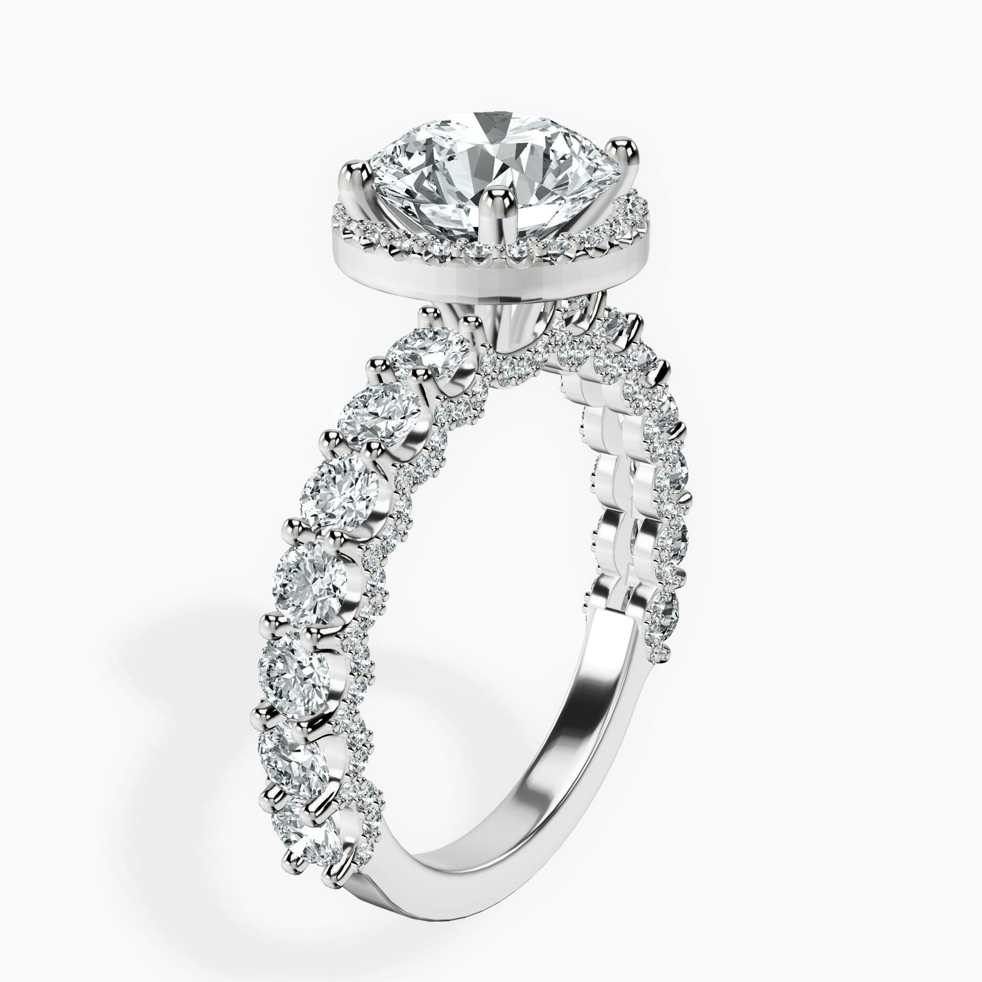 2.04 ct. round Enchanté side stone halo ring in 14kt white gold standing product image one