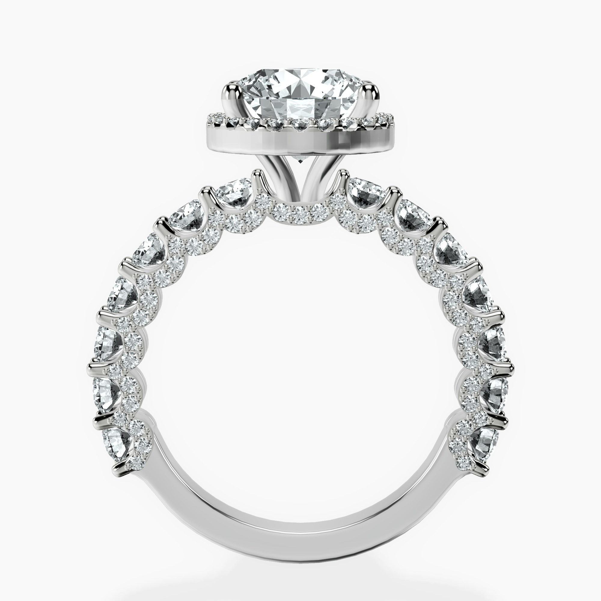 2.04 ct. round Enchanté side stone halo ring in 14kt white gold side right image one
