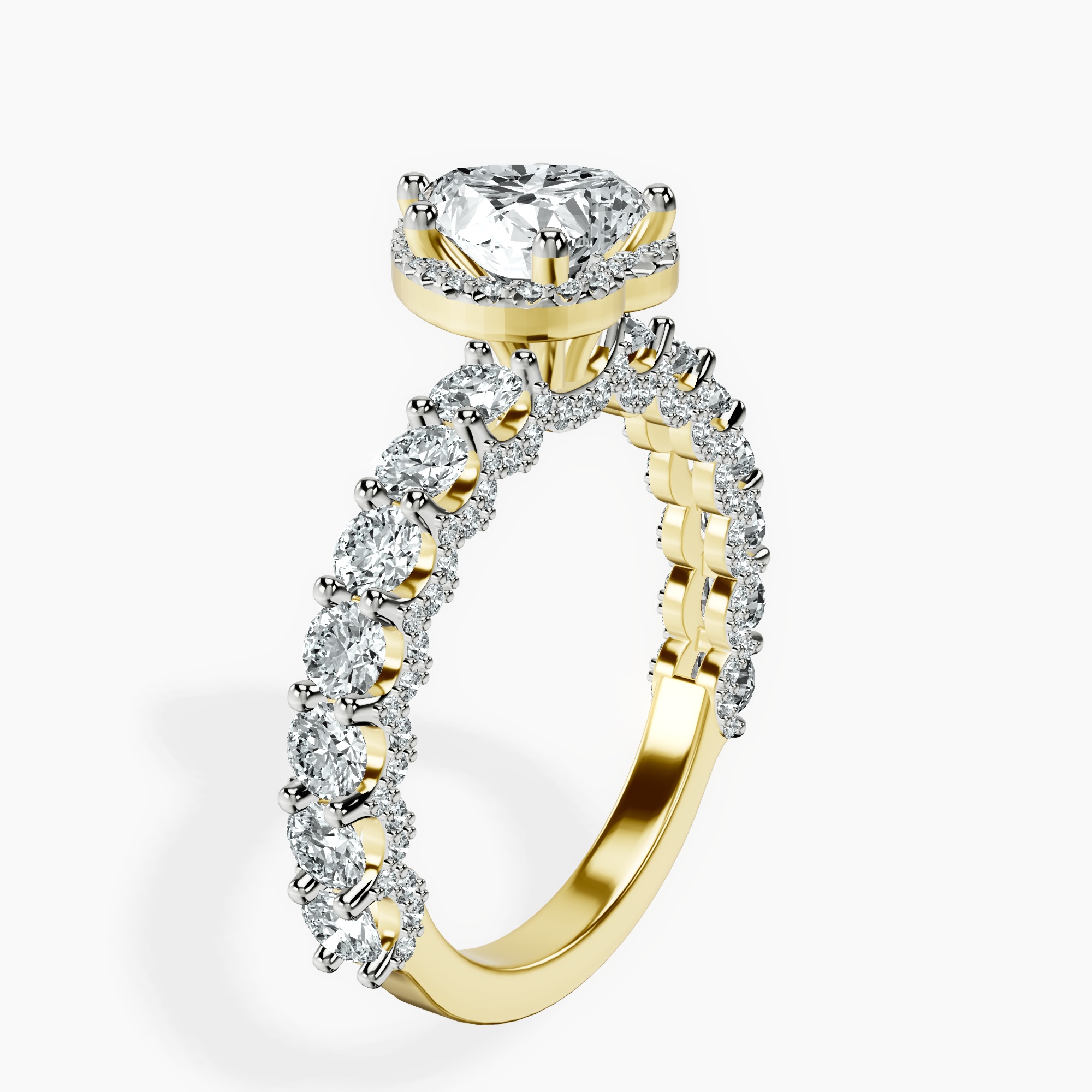 1.29 ct. heart Enchanté side stone halo ring in 18kt yellow gold standing product image one
