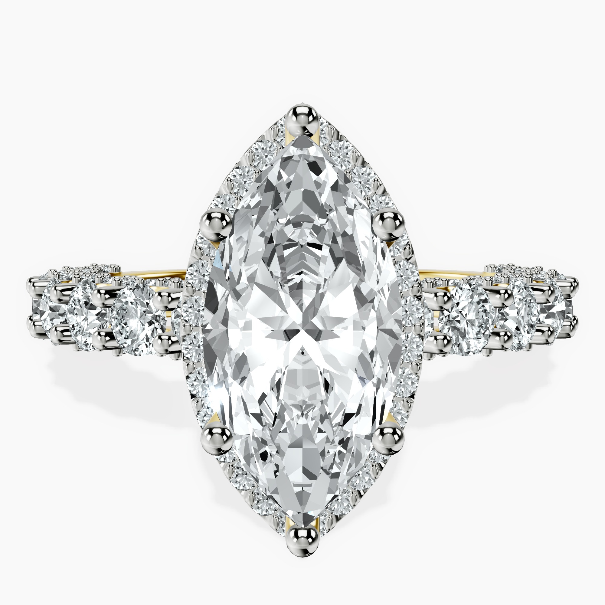 2.92 ct. marquise Enchanté side stone halo ring in 18kt yellow gold rtr top