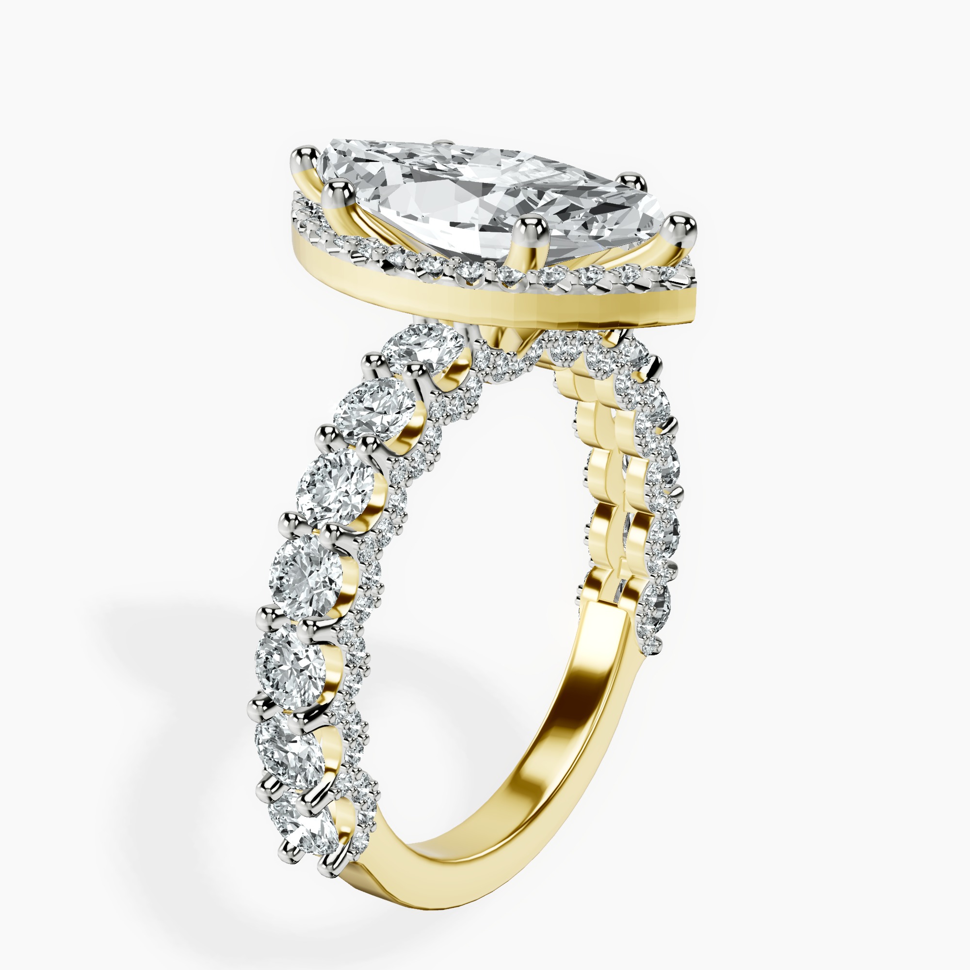 2.92 ct. marquise Enchanté side stone halo ring in 18kt yellow gold standing product image one